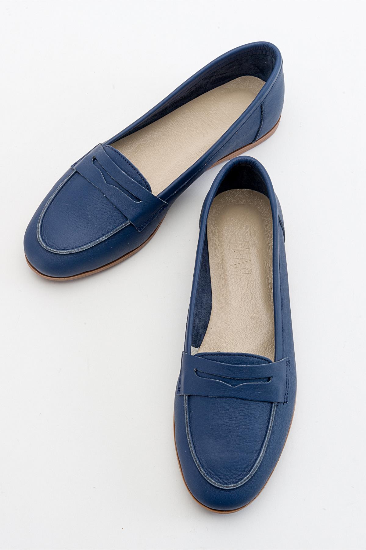 Dorothy - Navy Blue Leather Loafers – side view showing leather, suede, blue, Vowalisse