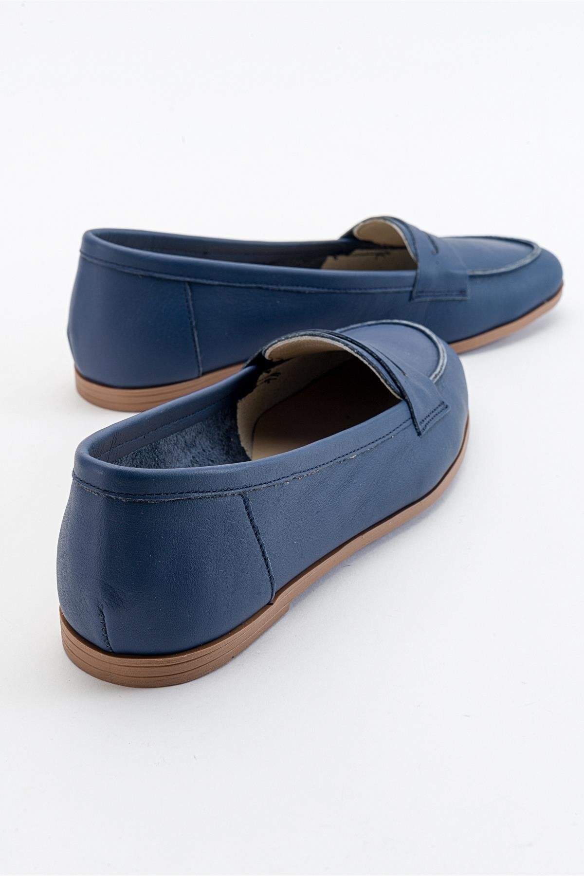 Dorothy - Navy Blue Leather Loafers – heel view showing leather, suede, blue, Vowalisse