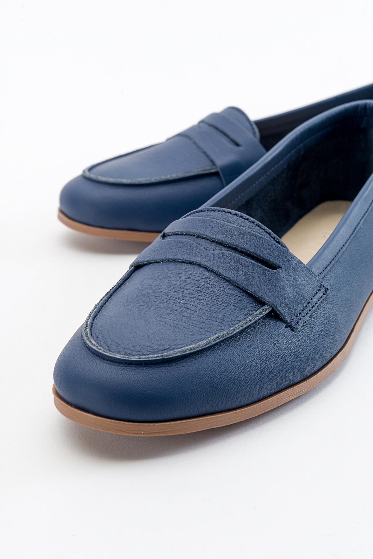 Dorothy - Navy Blue Leather Loafers – back view showing leather, suede, blue, Vowalisse