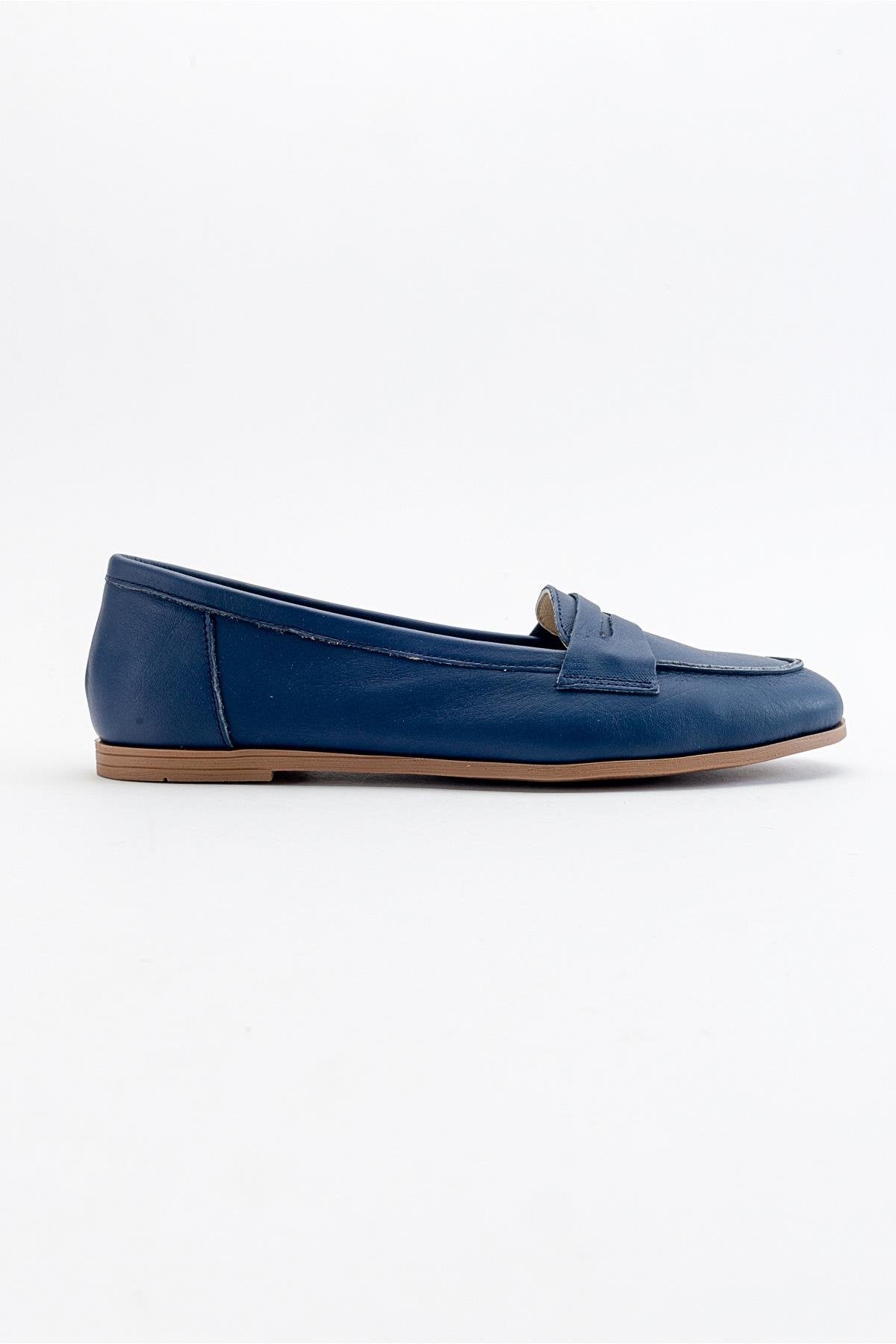 Dorothy - Navy Blue Leather Loafers – top view showing leather, suede, blue, Vowalisse