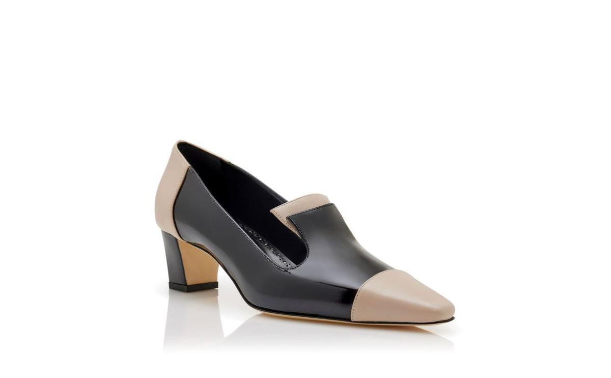 Ophelia Star Black Almond Toe Pumps – top view showing black almond toe, patent leather, nappa leather, Vowalisse