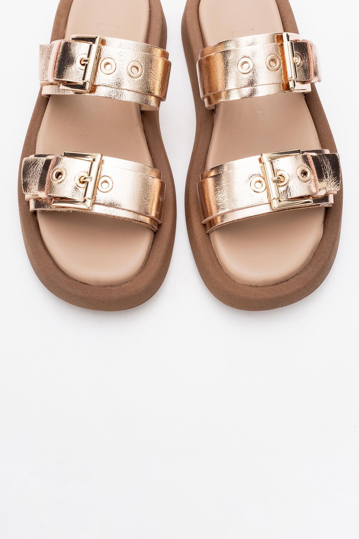 Finezza - Rose Leather Two-Strap Sandal – side view showing crystal, leather, Vowalisse