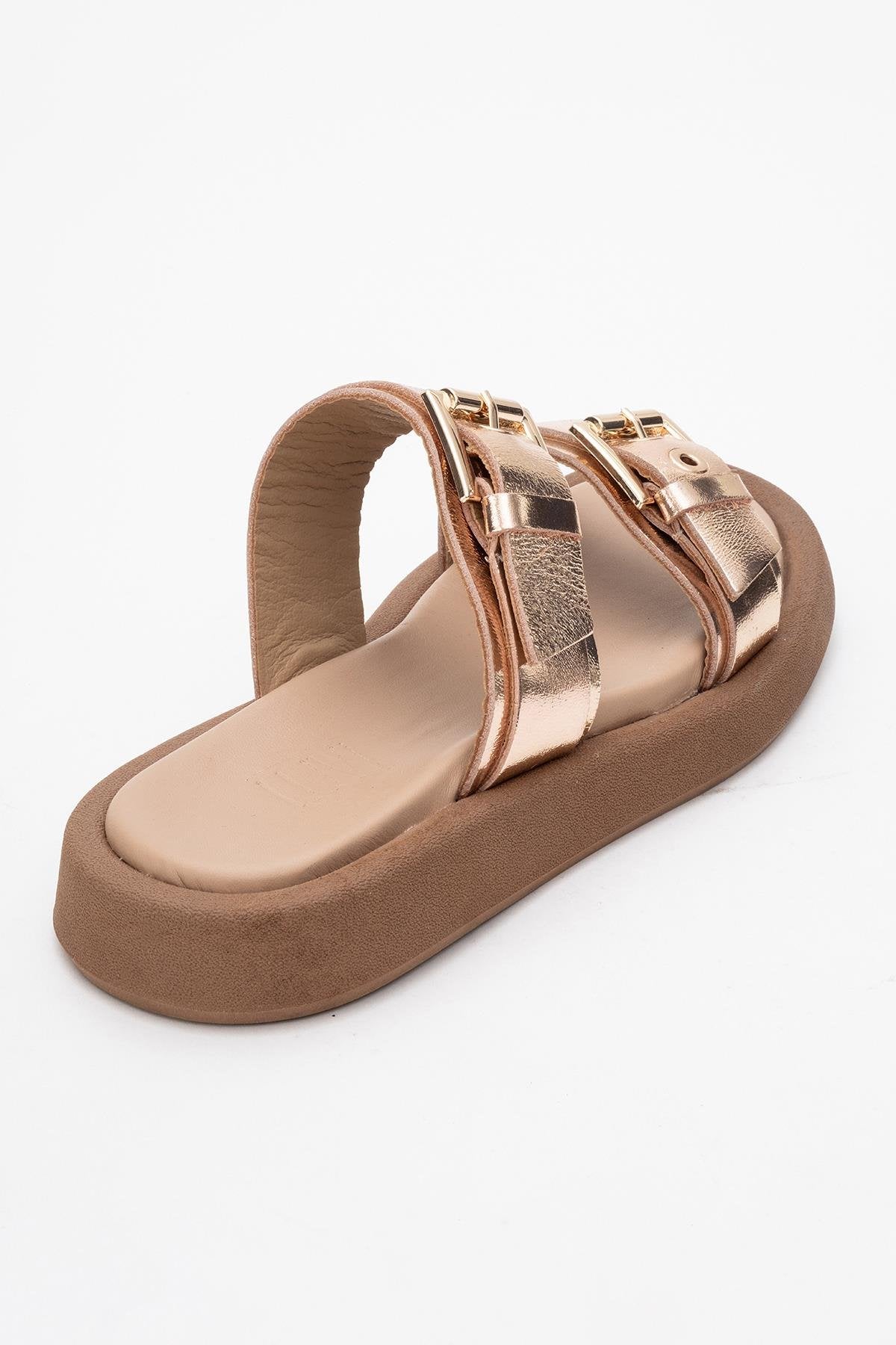 Finezza - Rose Leather Two-Strap Sandal – heel view showing crystal, leather, Vowalisse