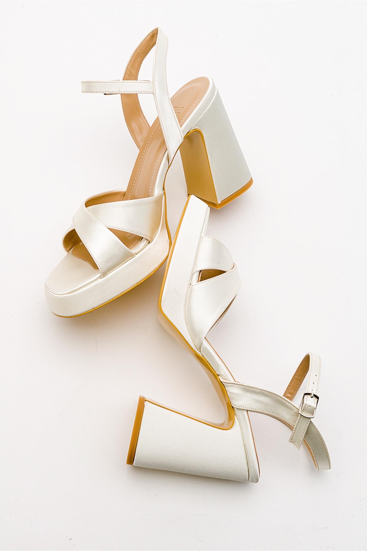 Lello - Ecru Beige Satin Platform Heel Shoe – back view showing satin, leather, Vowalisse