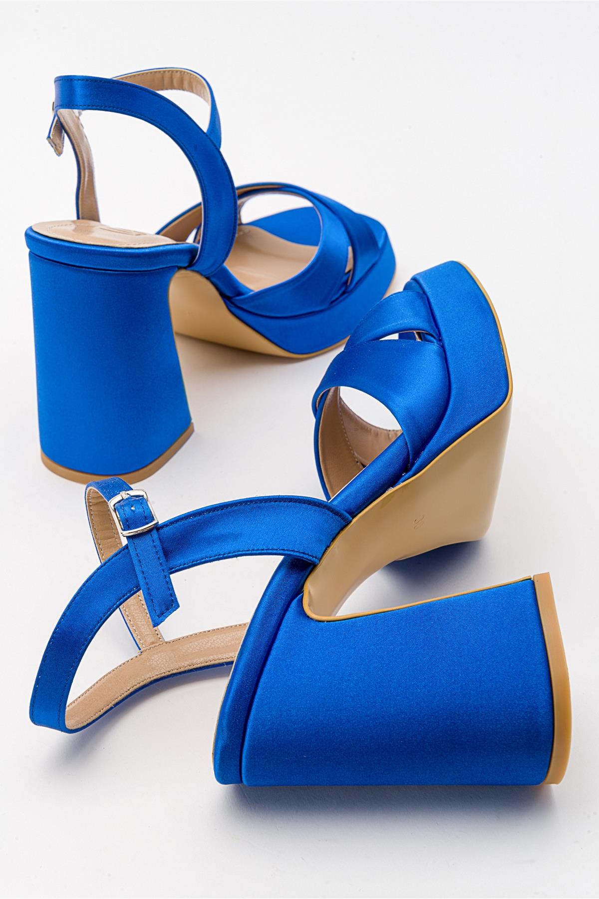 Lello - Cobalt Satin Platform Heel Shoe – side view showing satin, leather, Vowalisse
