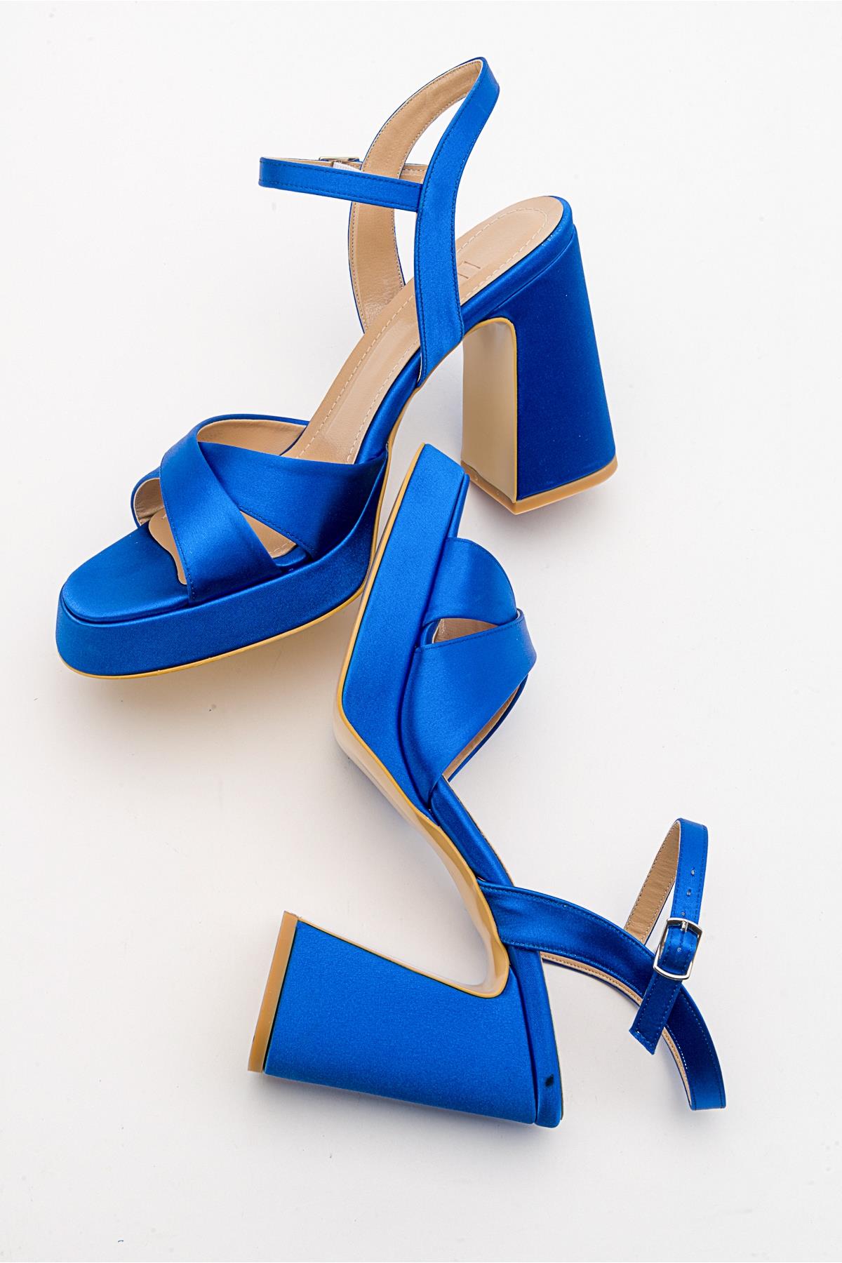 Lello - Cobalt Satin Platform Heel Shoe – heel view showing satin, leather, Vowalisse
