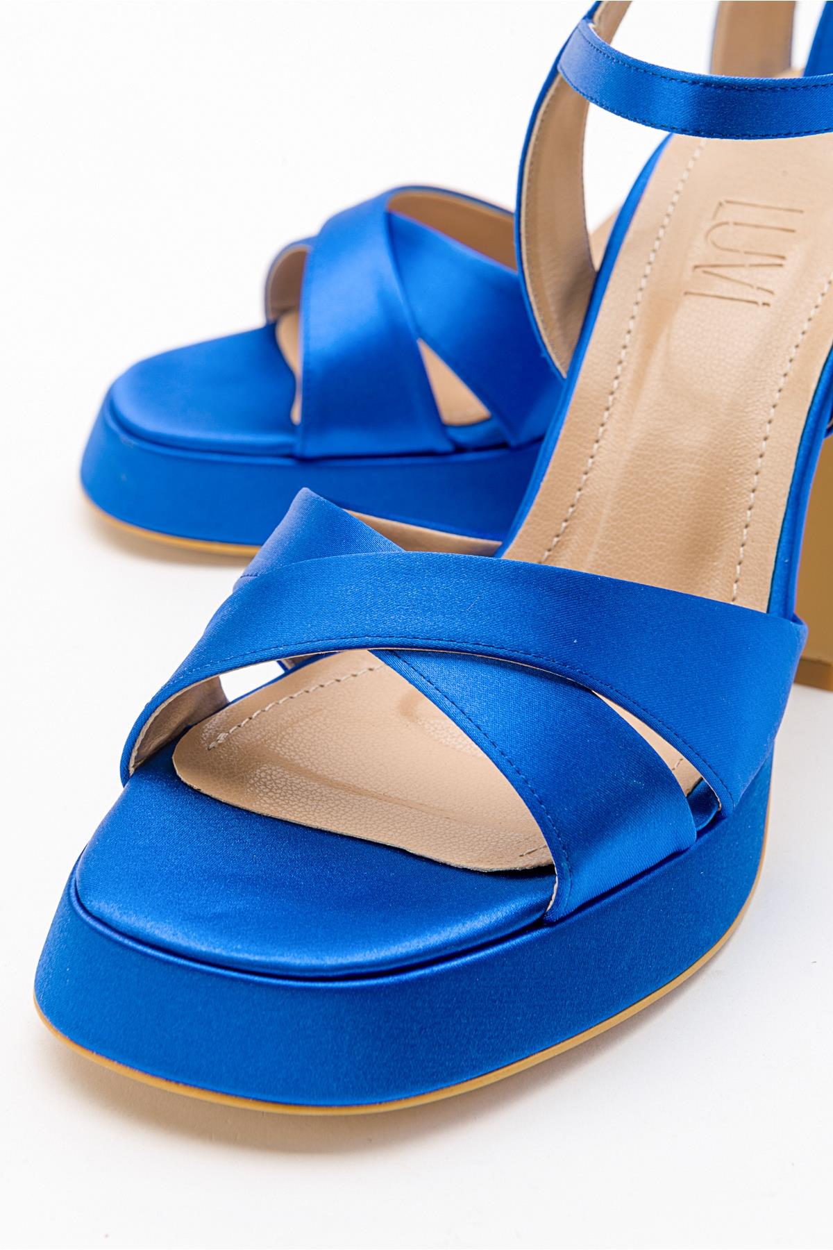 Lello - Cobalt Satin Platform Heel Shoe – back view showing satin, leather, Vowalisse