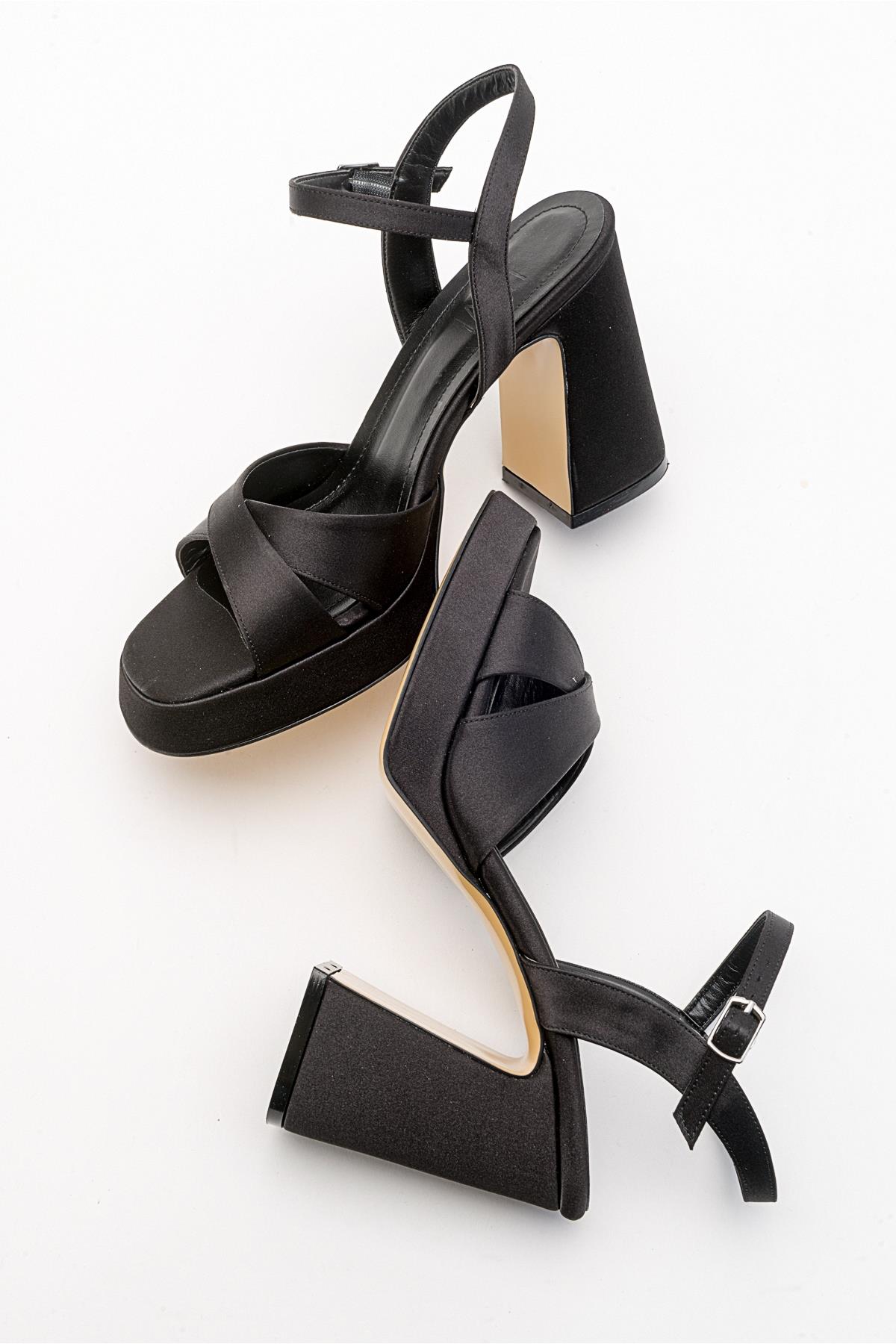 Lello - Black Satin Platform Heel Shoe – side view showing satin, leather, black, Vowalisse