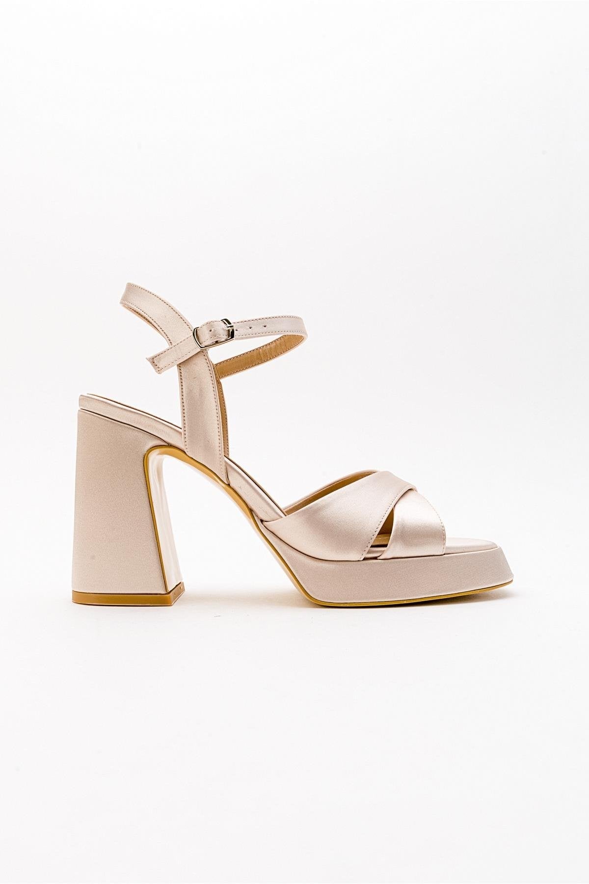 Lello - Beige Satin Platform Heel Shoe – top view showing satin, leather, Vowalisse
