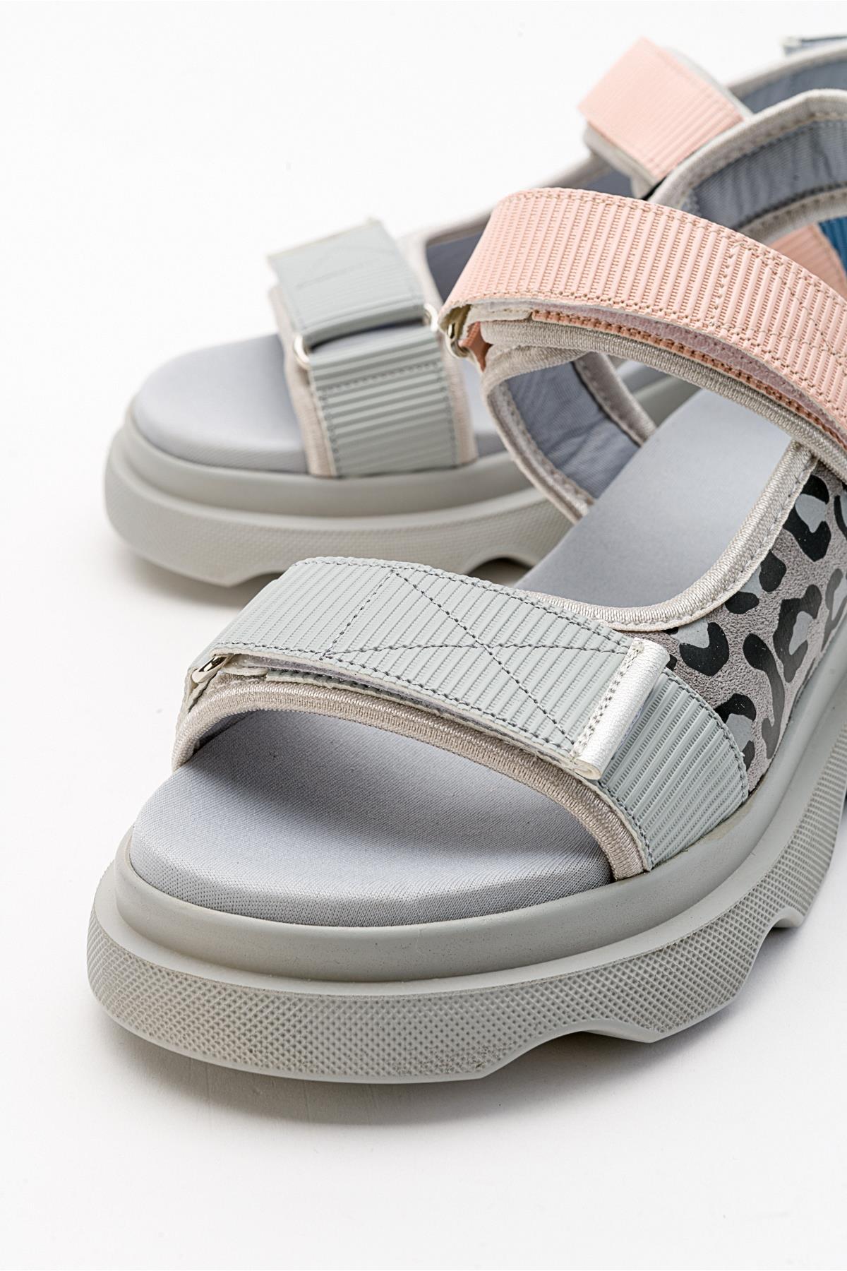 Tedy - Blue Patterned Sandal – side view showing leather, blue, Vowalisse