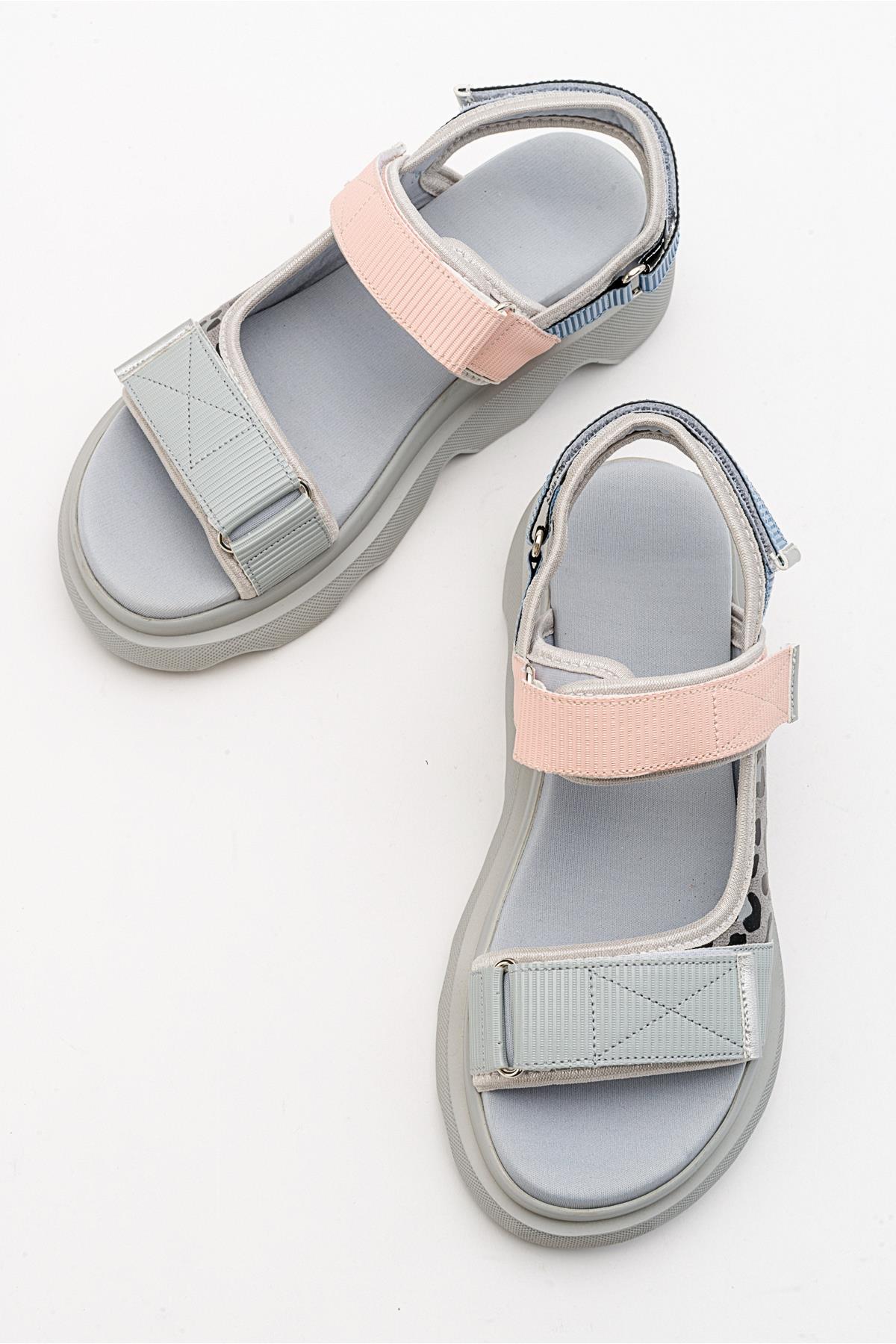 Tedy - Blue Patterned Sandal – heel view showing leather, blue, Vowalisse