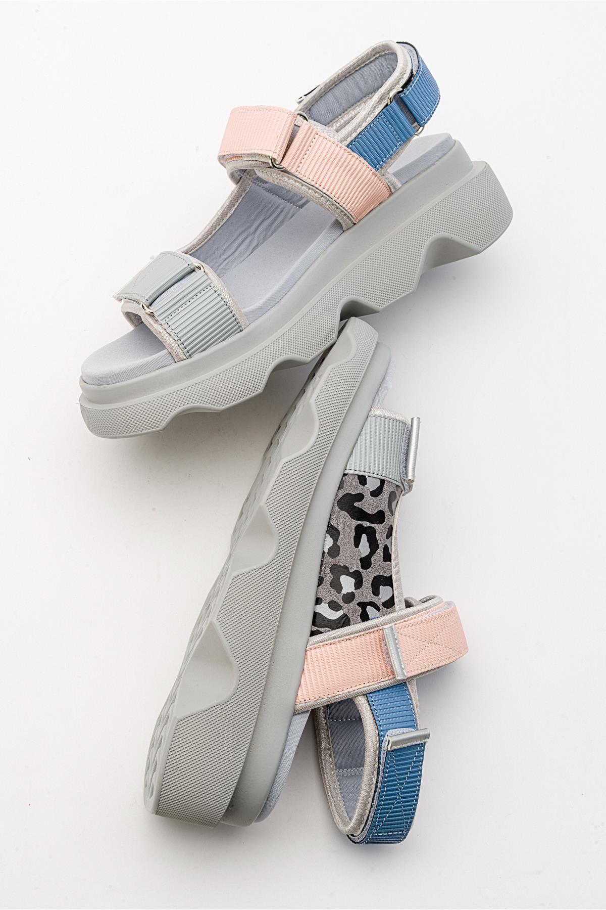 Tedy - Blue Patterned Sandal – back view showing leather, blue, Vowalisse