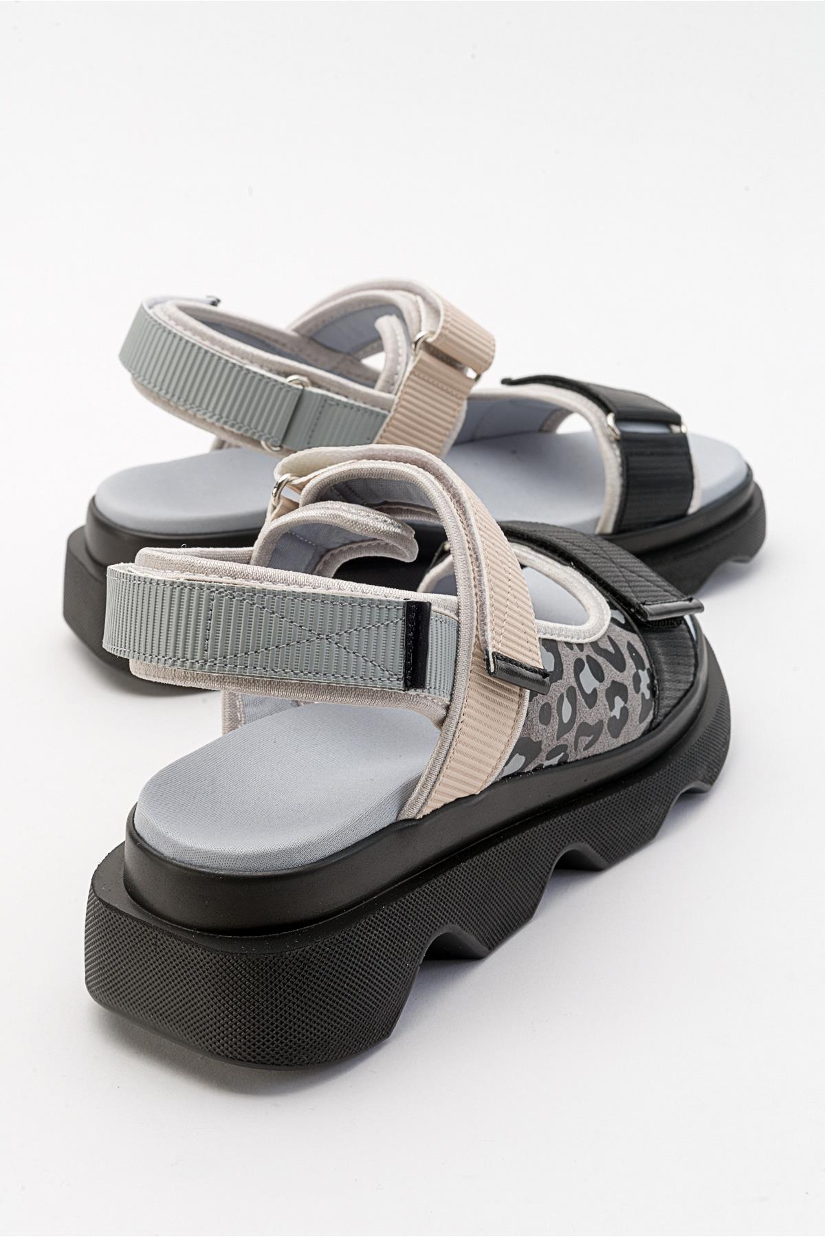 Tedy - Black-Grey Patterned Sandal – side view showing leather, black, Vowalisse