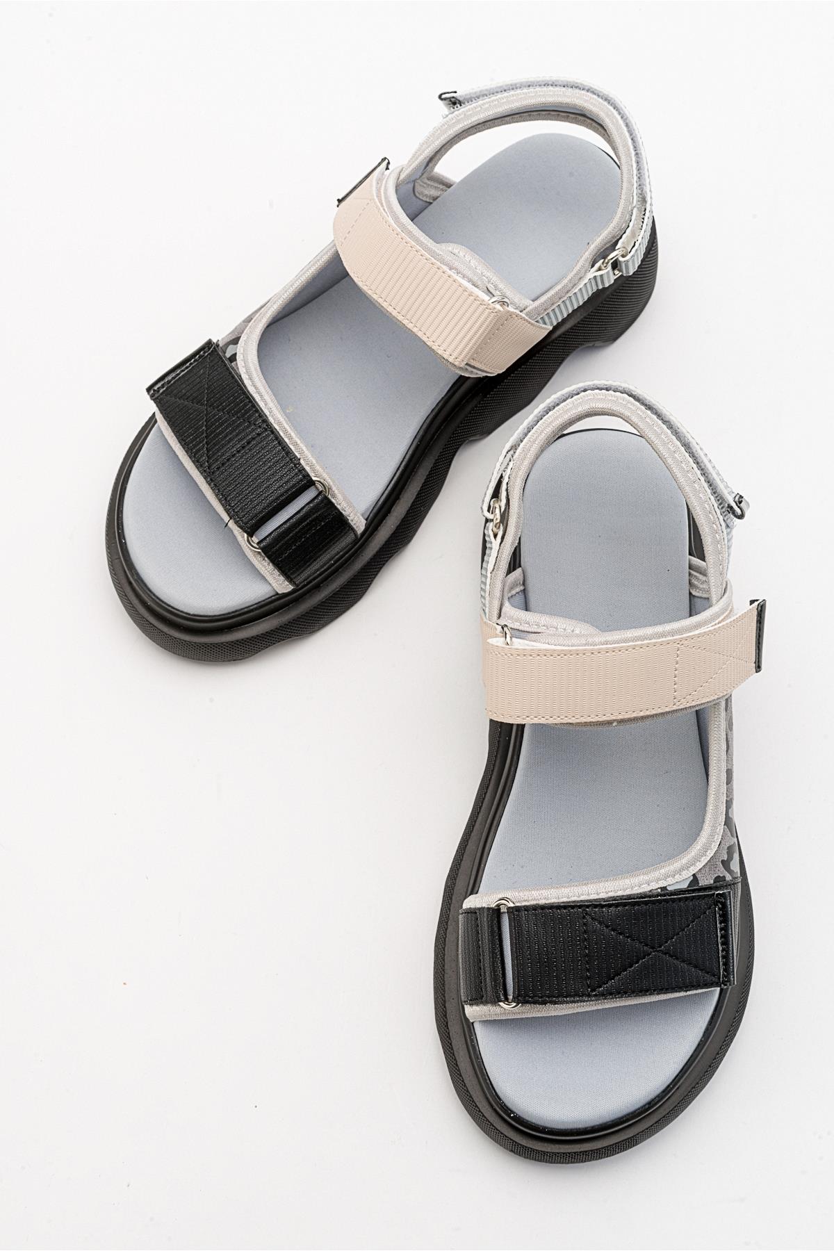 Tedy - Black-Grey Patterned Sandal – detail view showing leather, black, Vowalisse