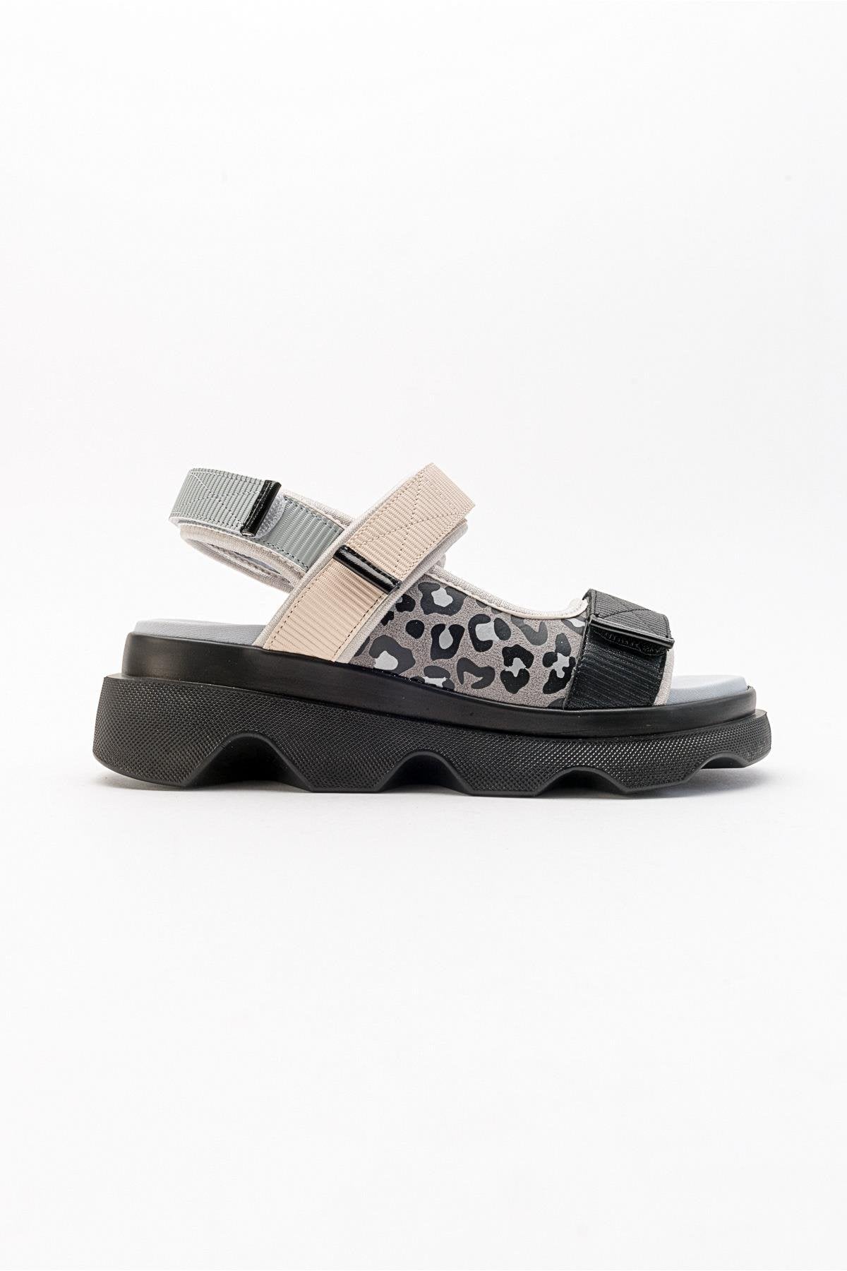 Tedy - Black-Grey Patterned Sandal – top view showing leather, black, Vowalisse