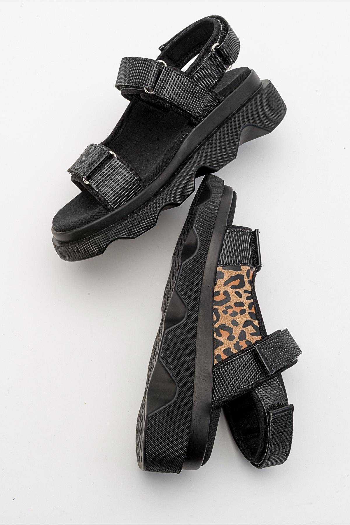Tedy - Black Patterned Sandal – side view showing leather, black, Vowalisse