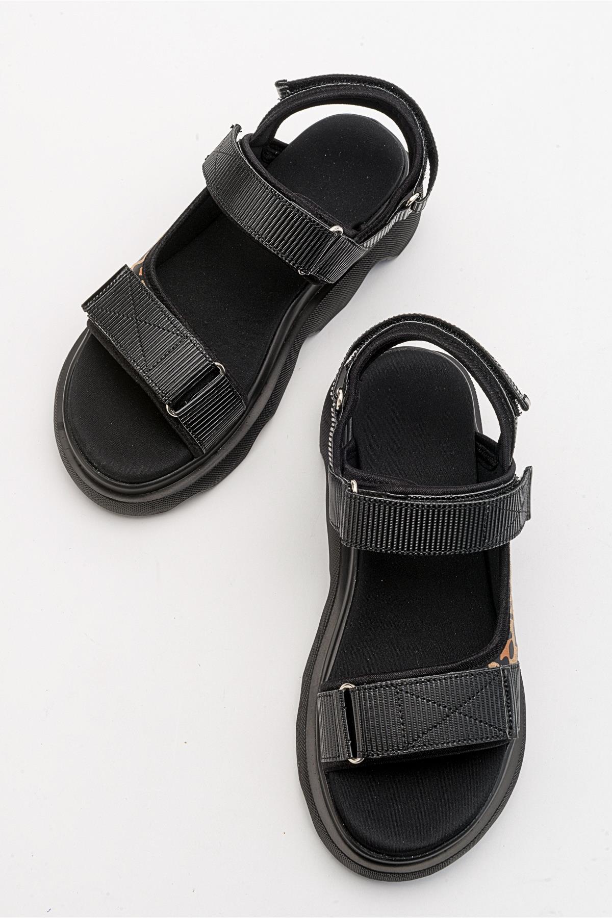 Tedy - Black Patterned Sandal – detail view showing leather, black, Vowalisse