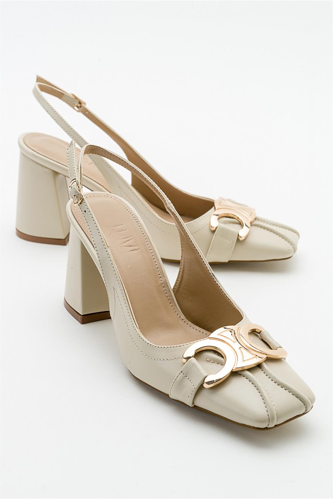 Forlev - Ecru Beige Heeled Shoe – front three-quarter view showing leather, Vowalisse