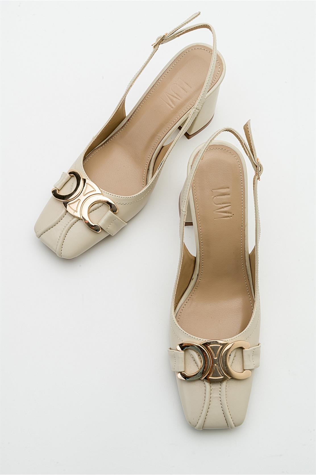Forlev - Ecru Beige Heeled Shoe – heel view showing leather, Vowalisse