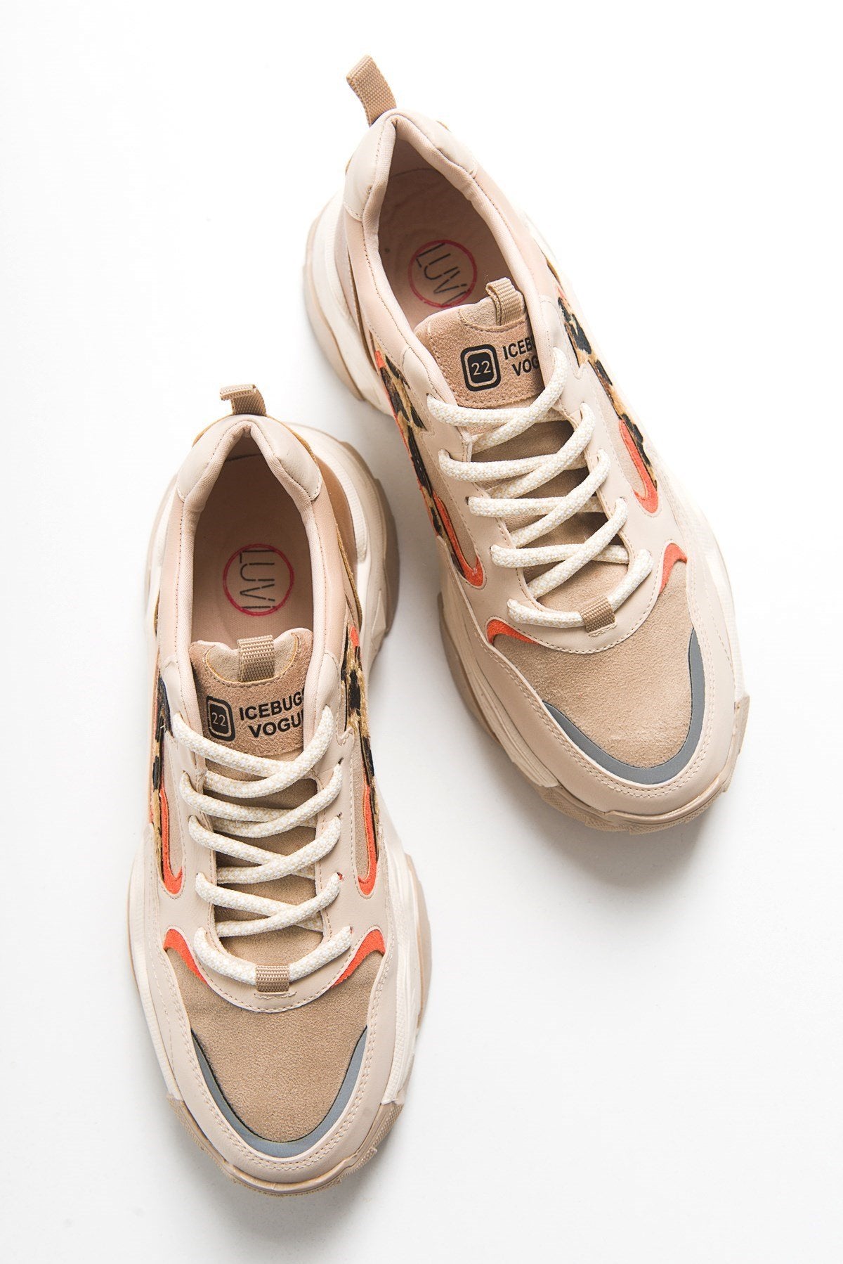 Europa - Beige Patterned Sneaker – heel view showing leather, Vowalisse