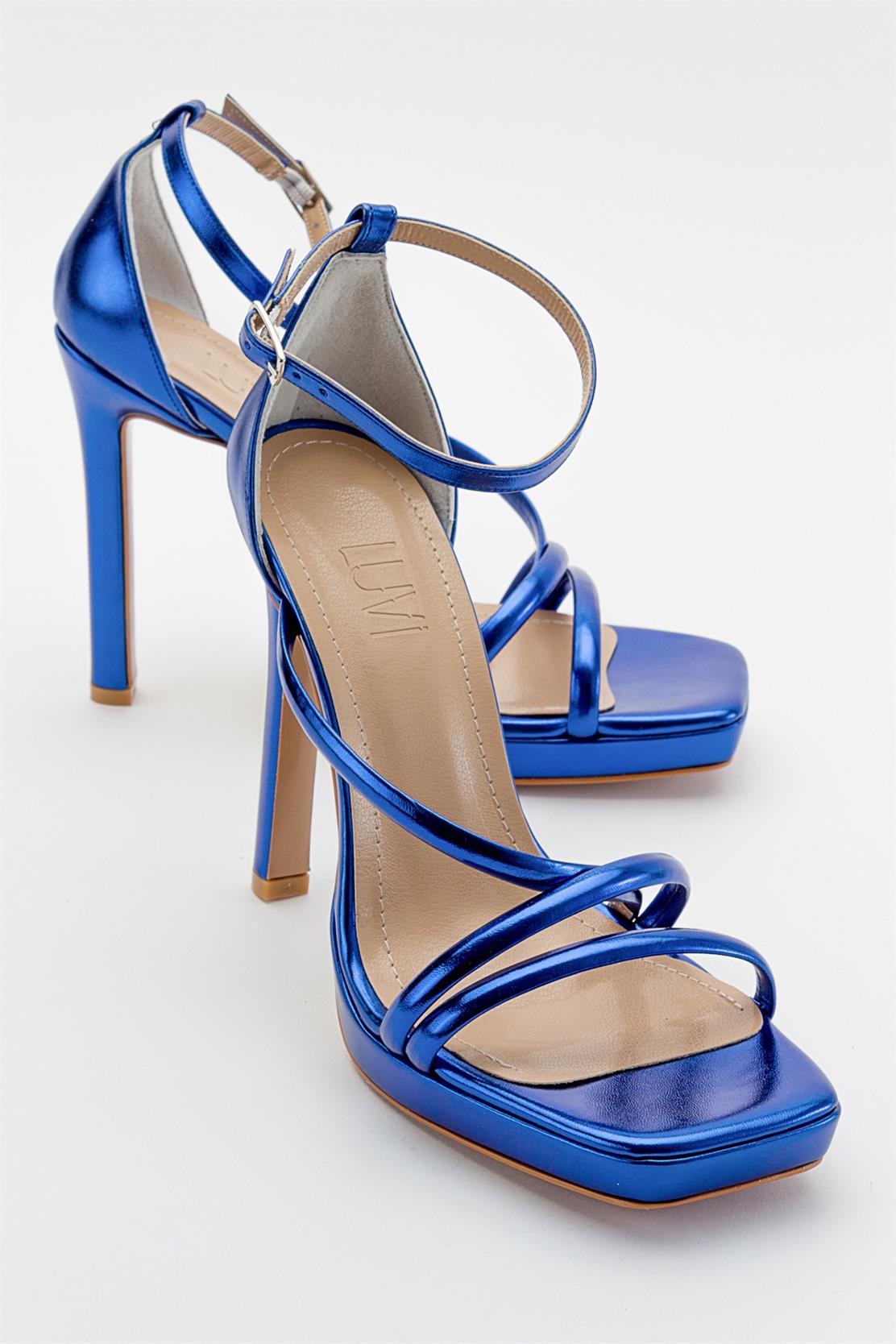 Shelp - Sky Blue High Heel Shoe – side view showing leather, blue, Vowalisse