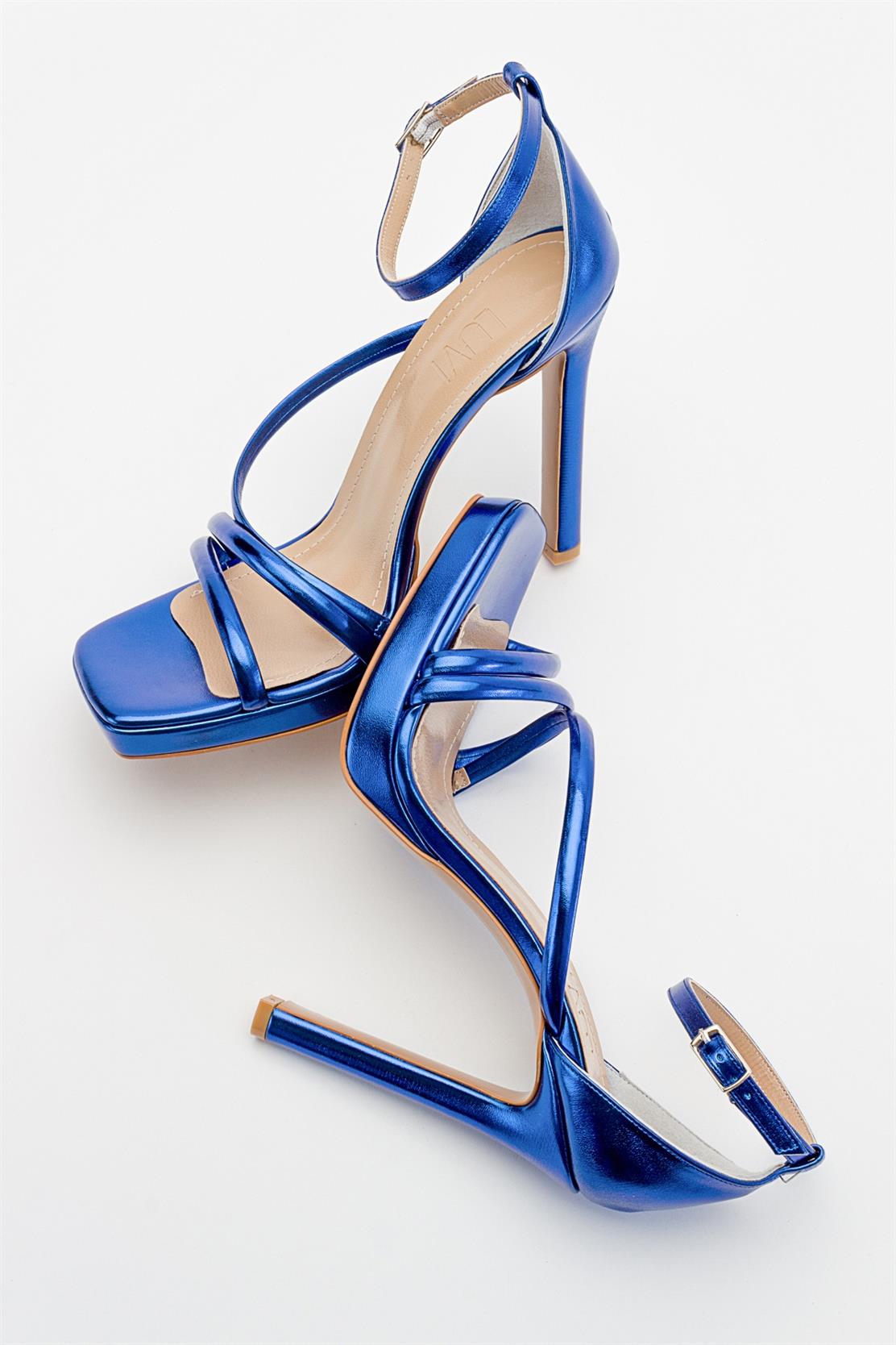 Shelp - Sky Blue High Heel Shoe – top view showing leather, blue, Vowalisse