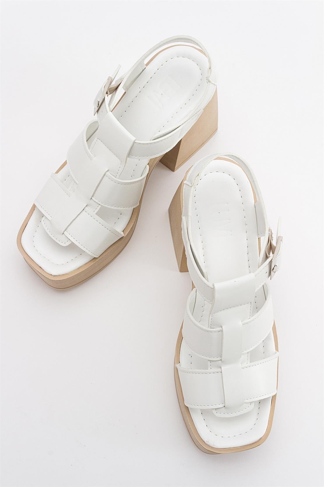 Prek - White Heeled Sandal – detail view showing leather, white, Vowalisse