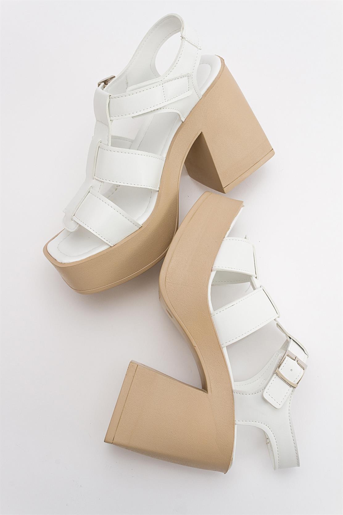 Prek - White Heeled Sandal – heel view showing leather, white, Vowalisse