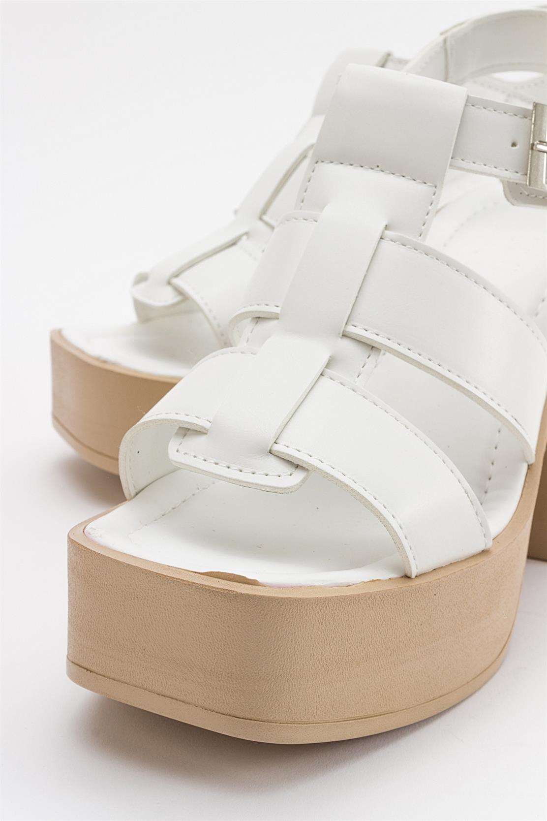 Prek - White Heeled Sandal – back view showing leather, white, Vowalisse