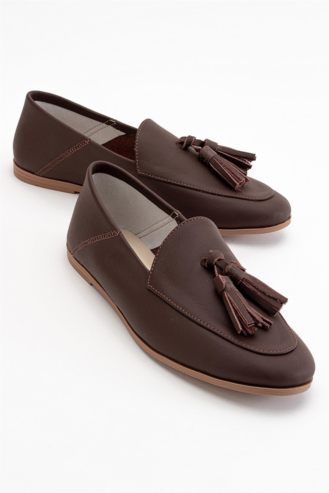 Mona - Brown Soft Leather Tassel Loafers – front three-quarter view showing leather, suede, red, Vowalisse