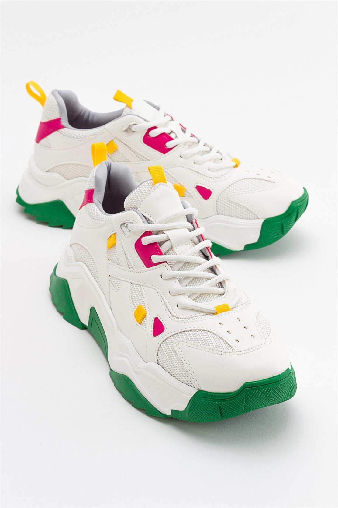 Loretta - White Green Multi Sneaker – front three-quarter view showing leather, white, green, Vowalisse
