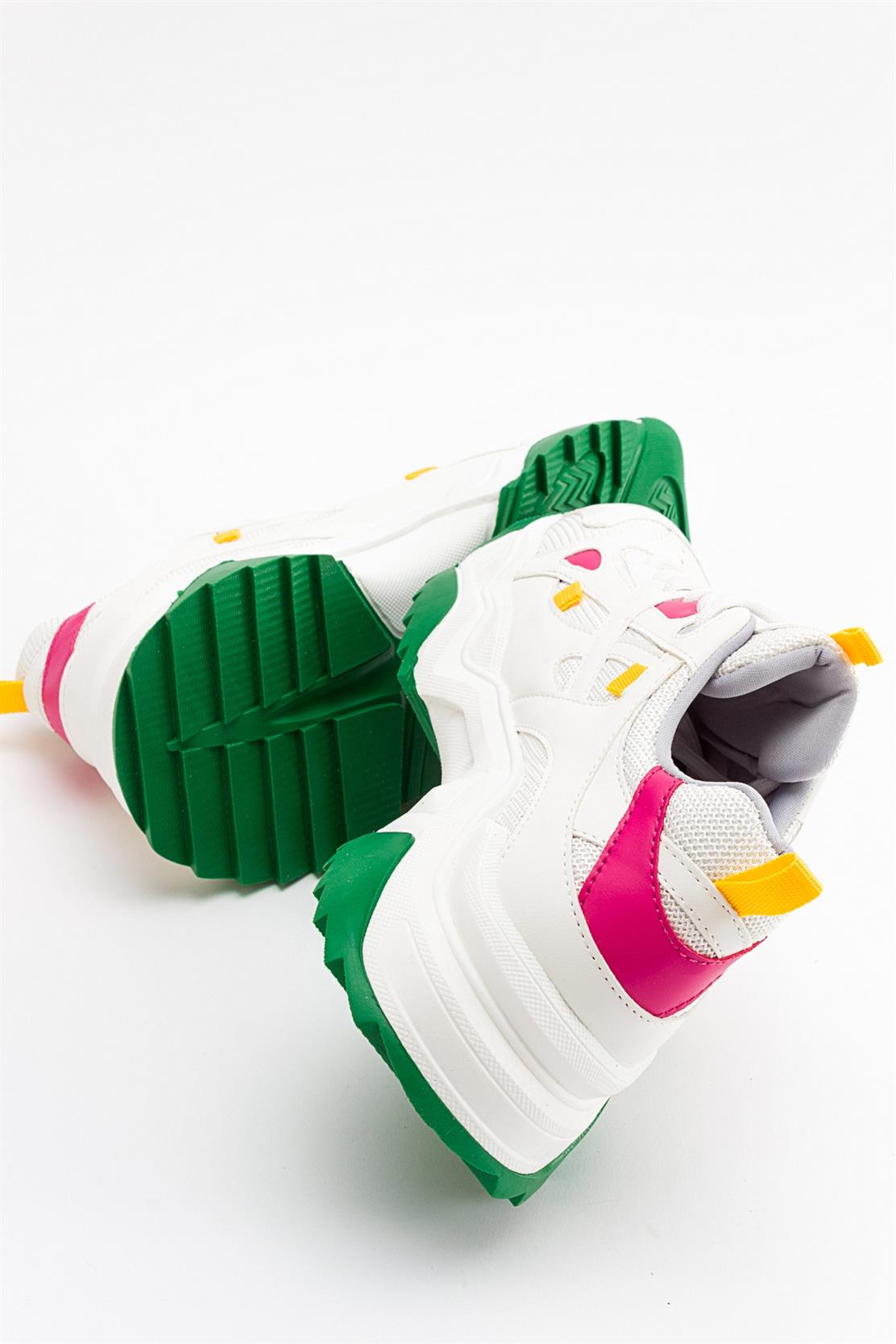 Loretta - White Green Multi Sneaker – detail view showing leather, white, green, Vowalisse
