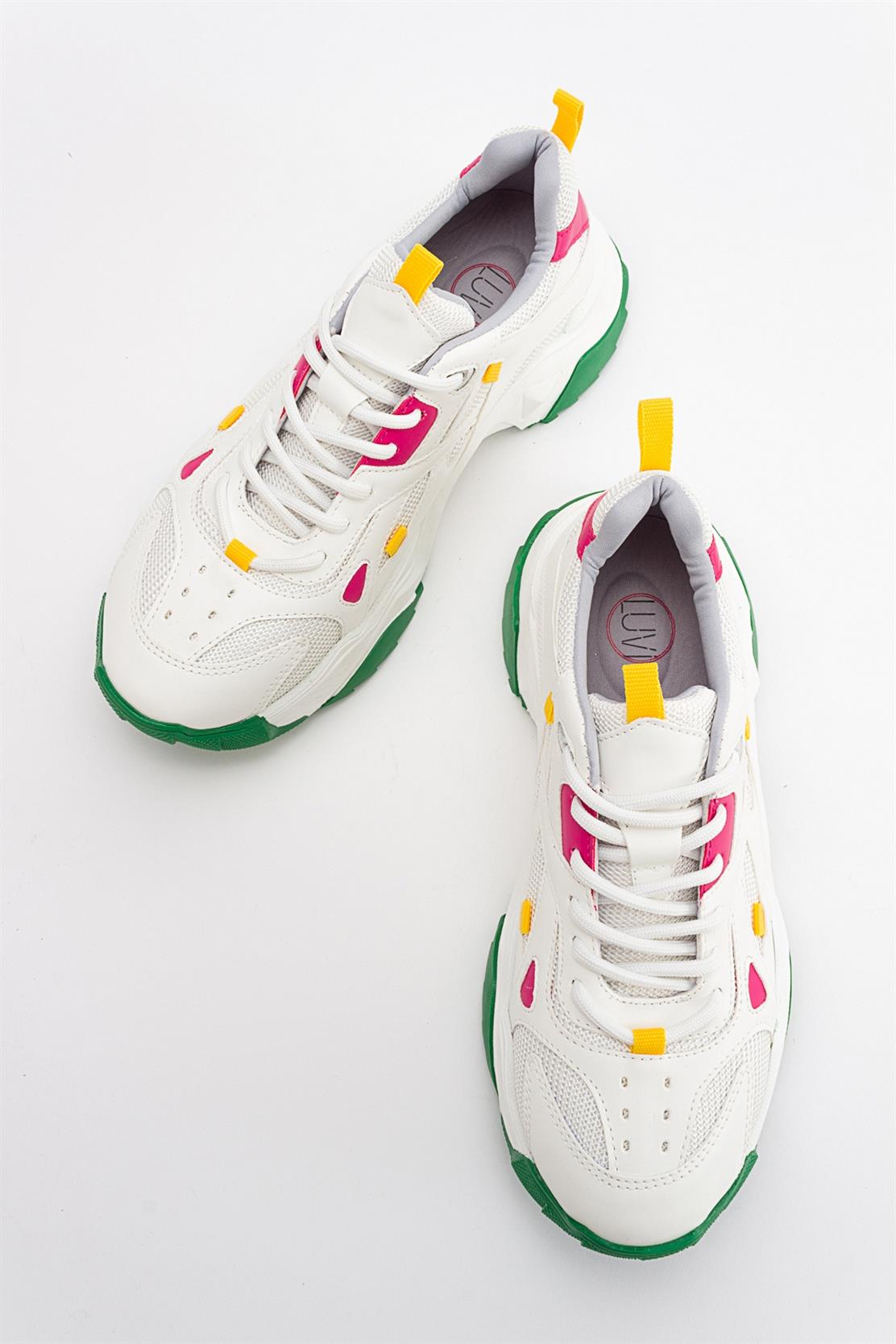 Loretta - White Green Multi Sneaker – heel view showing leather, white, green, Vowalisse