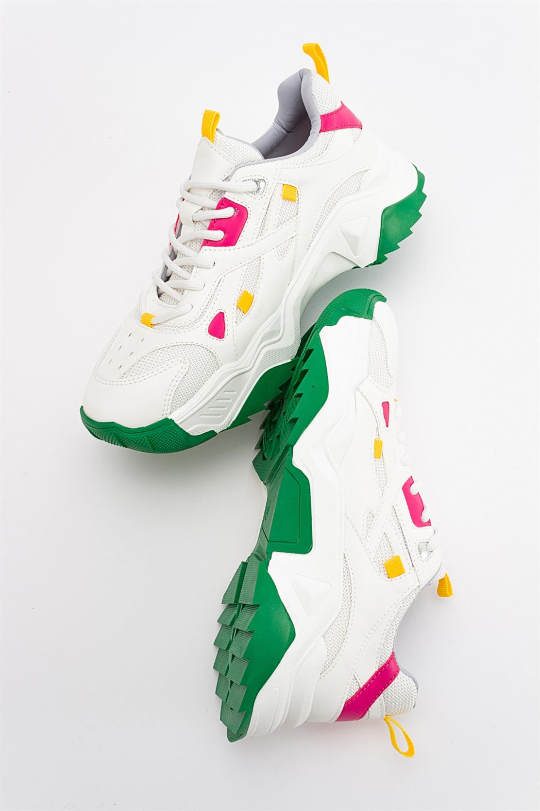 Loretta - White Green Multi Sneaker – back view showing leather, white, green, Vowalisse