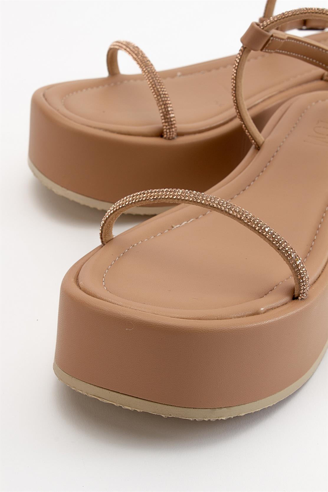 Ekos - Beige Jeweled Platform Sandal – heel view showing leather, Vowalisse