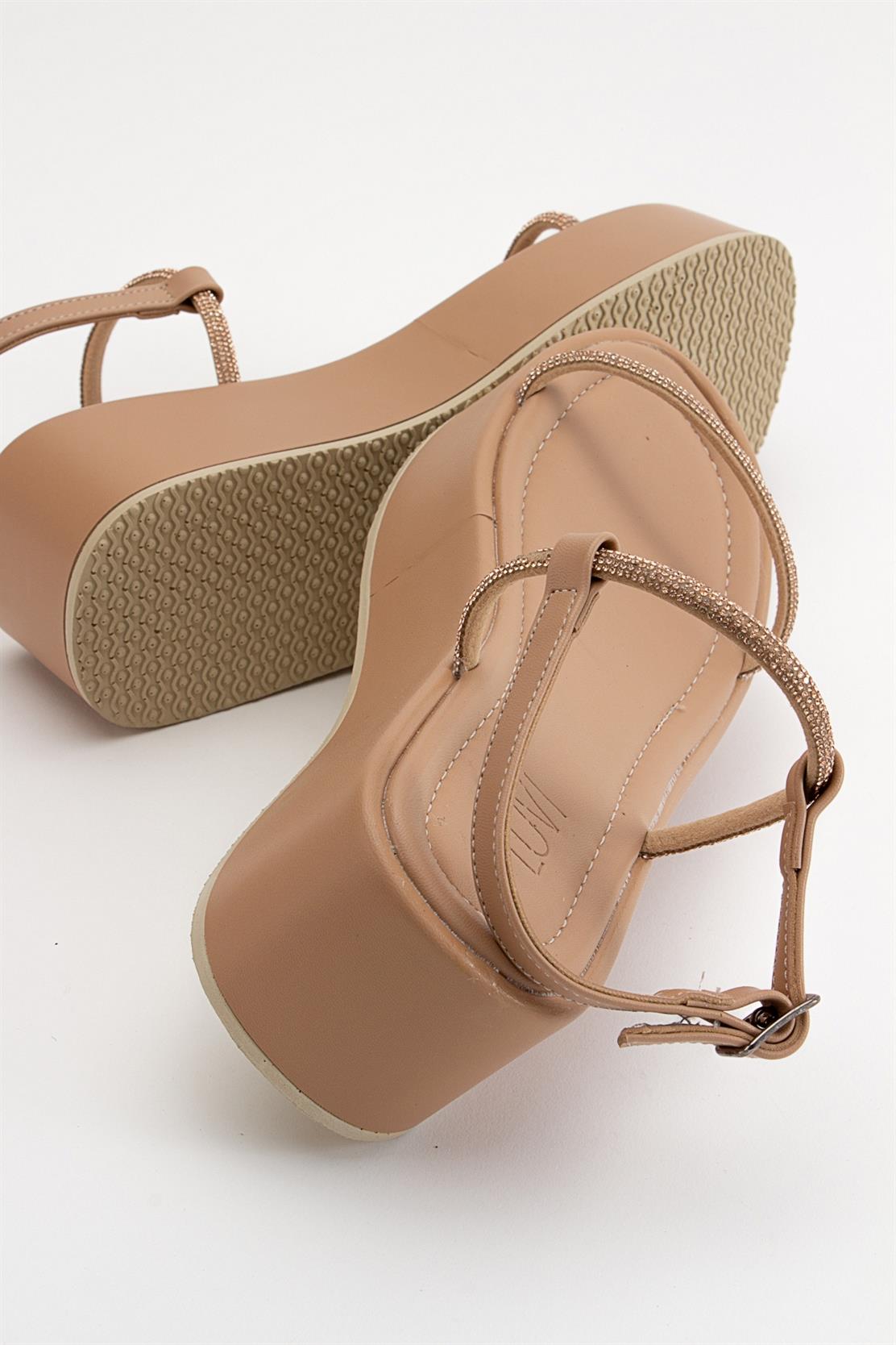Ekos - Beige Jeweled Platform Sandal – back view showing leather, Vowalisse