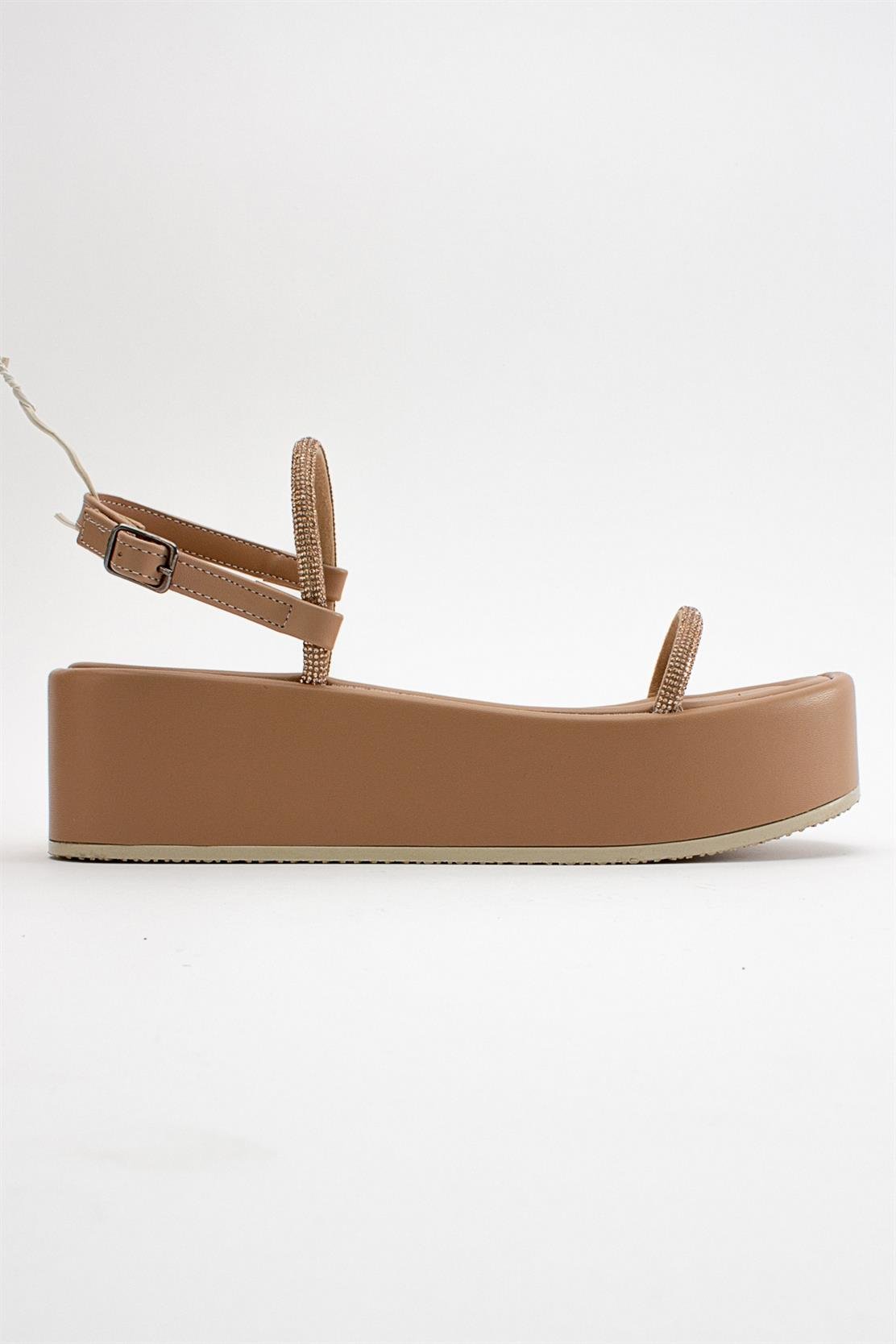 Ekos - Beige Jeweled Platform Sandal – top view showing leather, Vowalisse