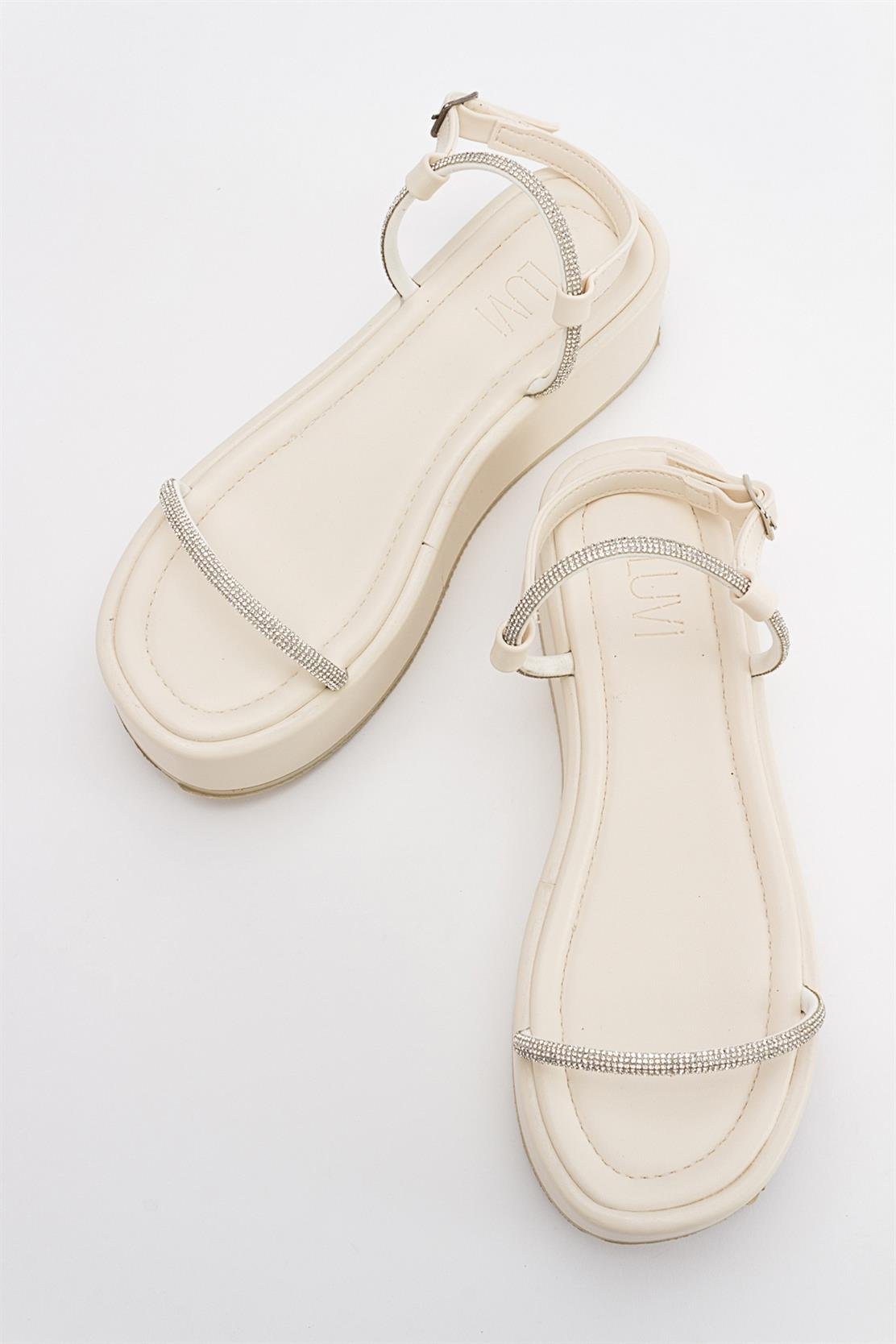 Ekos - Ecru Beige Jeweled Platform Sandal – side view showing leather, Vowalisse