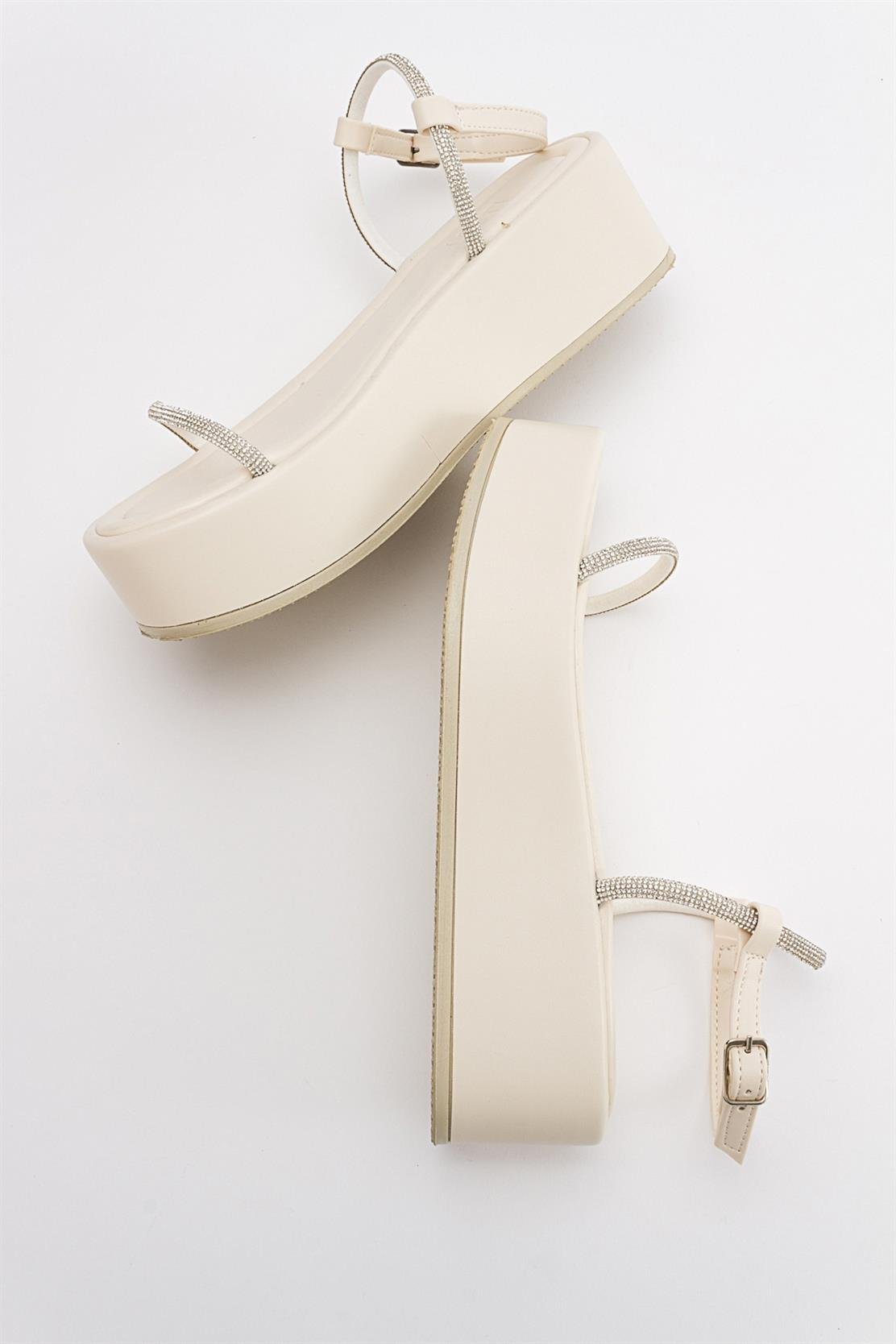 Ekos - Ecru Beige Jeweled Platform Sandal – back view showing leather, Vowalisse