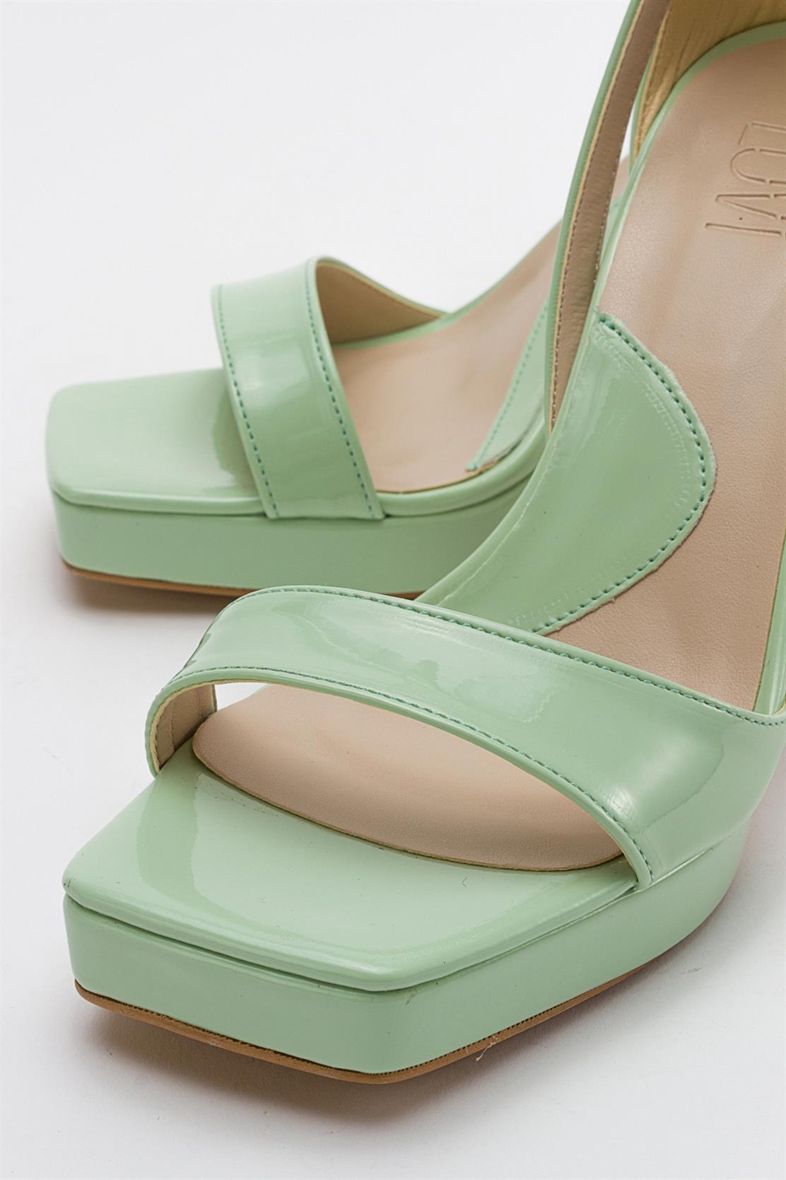 Mersia - Green Patent High Heel Pump – detail view showing leather, red, green, Vowalisse