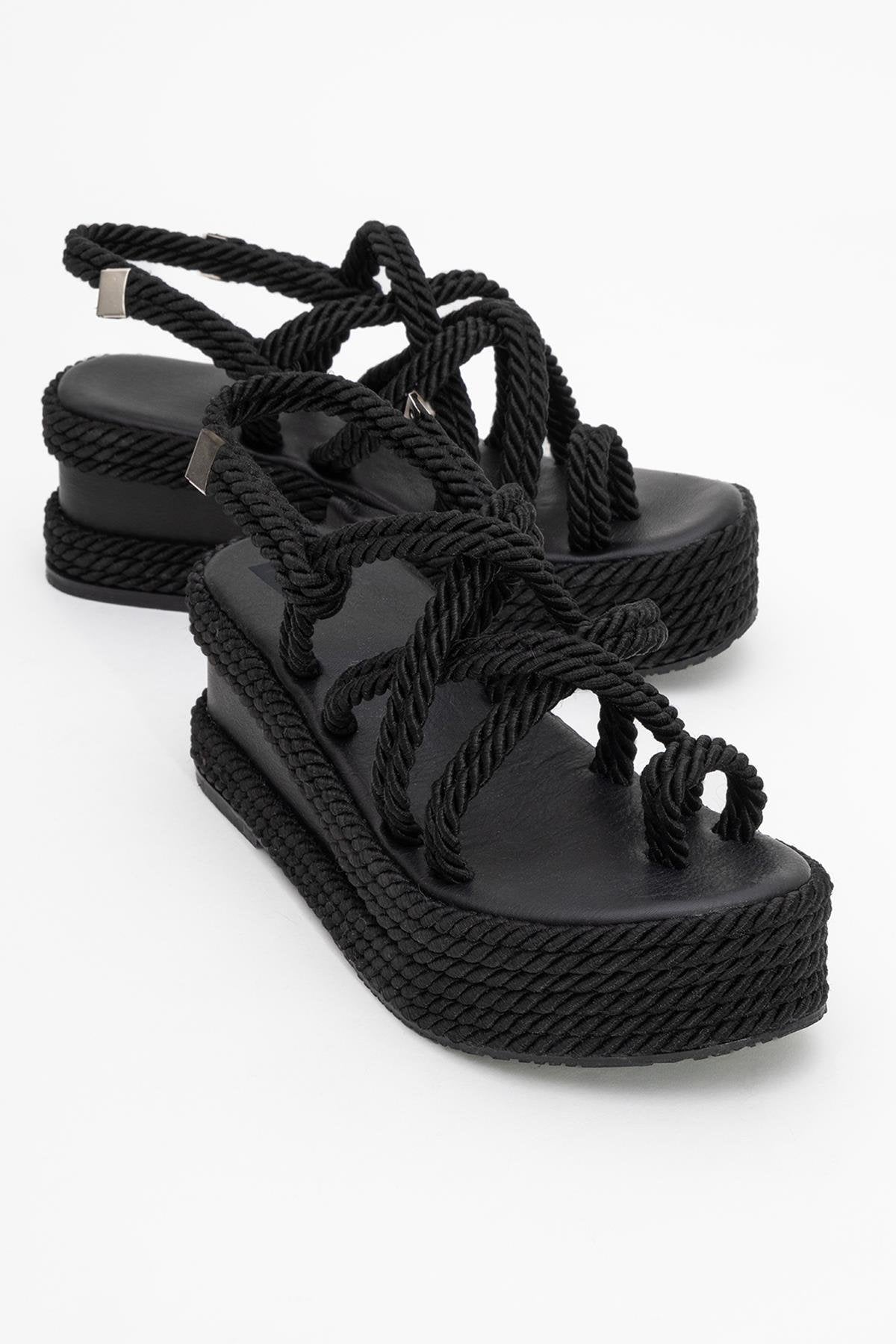 Juney - Black Genuine Leather Lace-Up Wedge Sandal – front three-quarter view showing lace, leather, black, Vowalisse