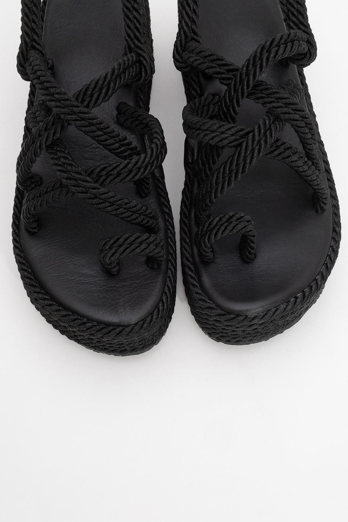 Juney - Black Genuine Leather Lace-Up Wedge Sandal – side view showing lace, leather, black, Vowalisse
