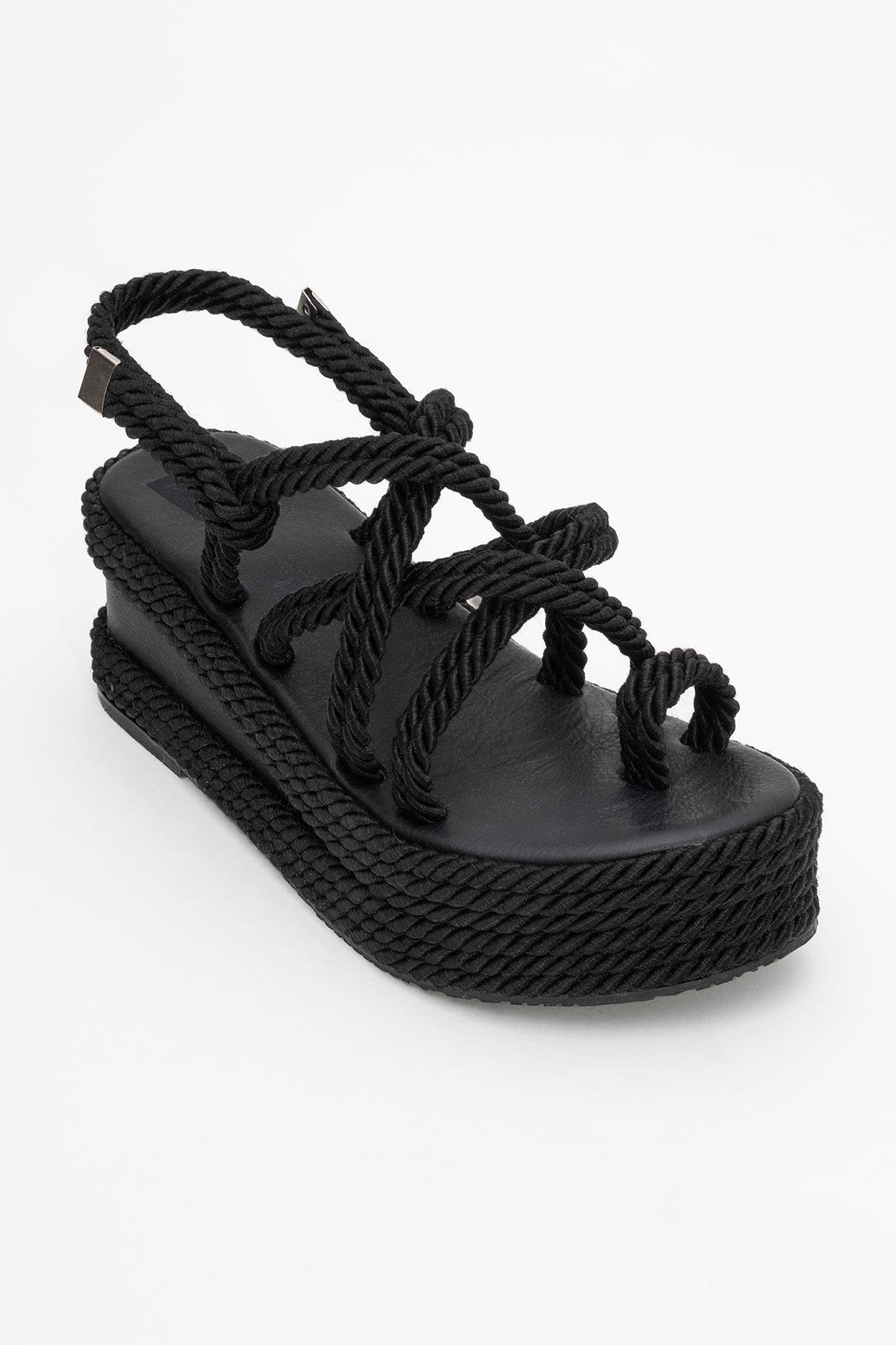 Juney - Black Genuine Leather Lace-Up Wedge Sandal – back view showing lace, leather, black, Vowalisse