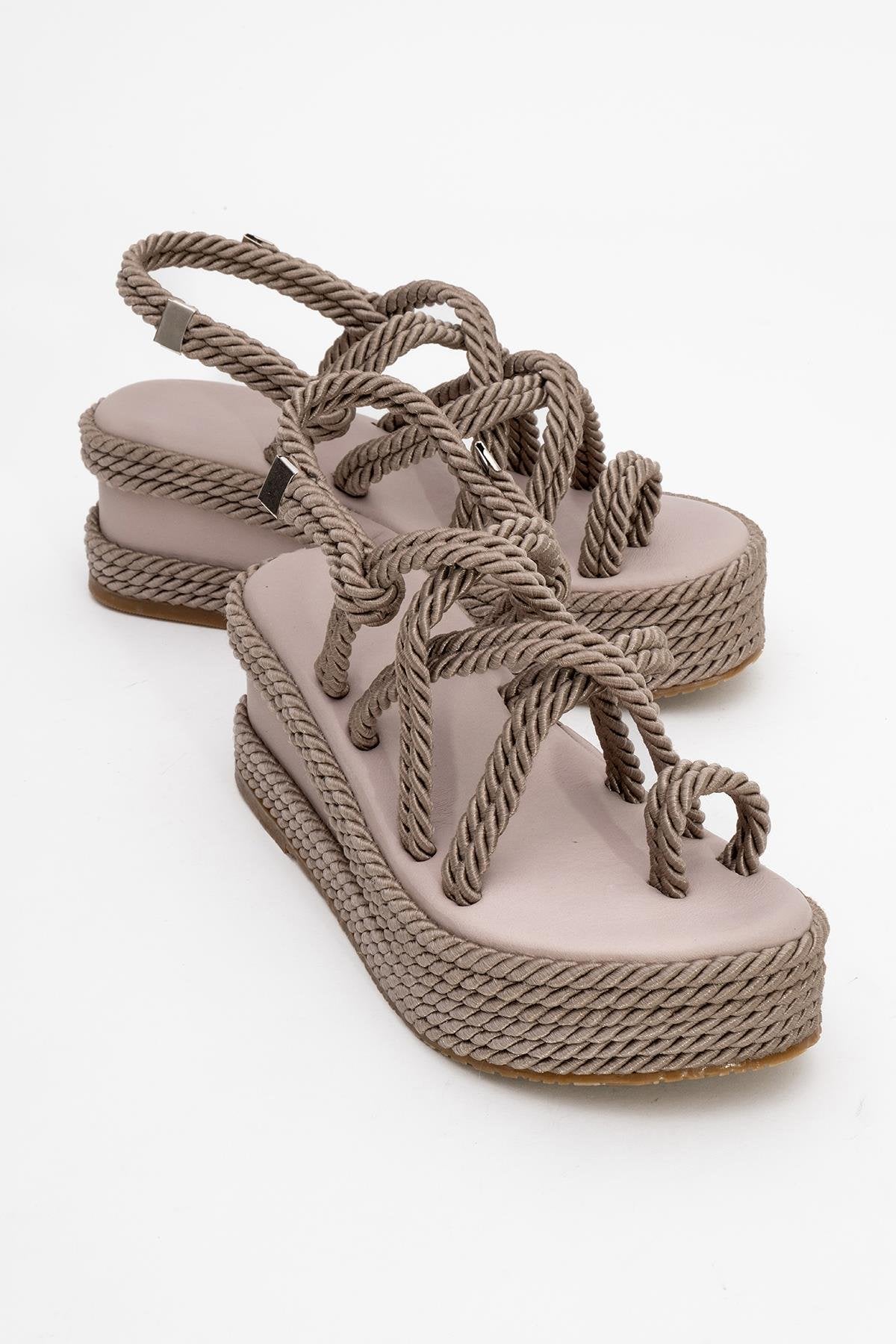 Juney - Taupe Genuine Leather Lace-Up Wedge Sandal – front three-quarter view showing lace, leather, Vowalisse