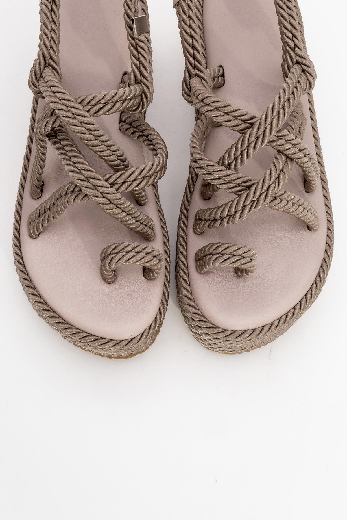 Juney - Taupe Genuine Leather Lace-Up Wedge Sandal – side view showing lace, leather, Vowalisse