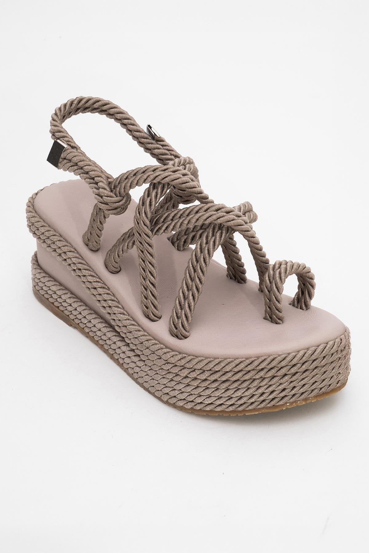 Juney - Taupe Genuine Leather Lace-Up Wedge Sandal – detail view showing lace, leather, Vowalisse