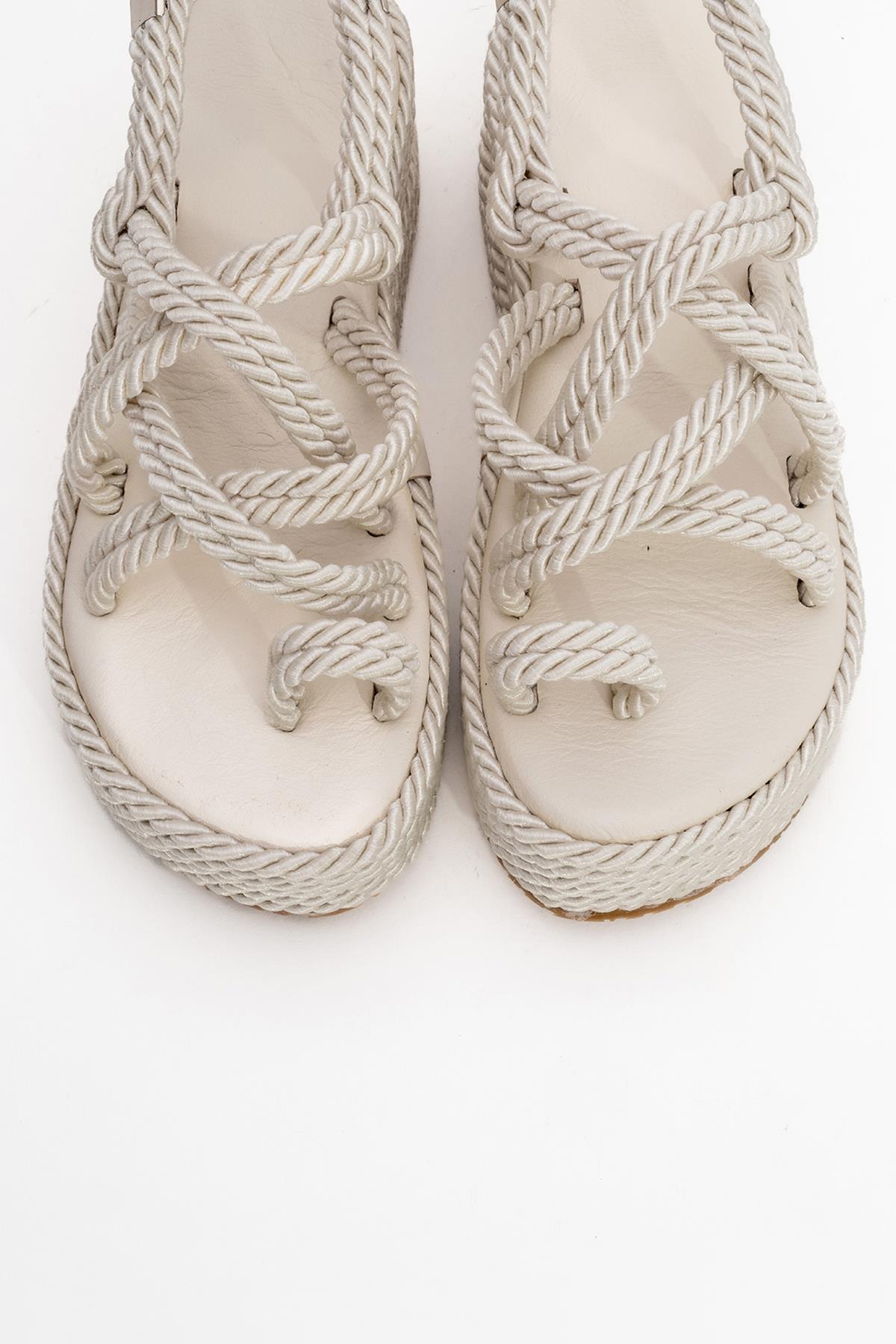 Juney - Beige Genuine Leather Lace-Up Wedge Sandal – side view showing lace, leather, Vowalisse