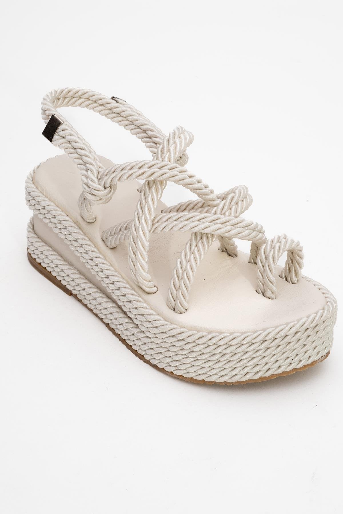 Juney - Beige Genuine Leather Lace-Up Wedge Sandal – detail view showing lace, leather, Vowalisse
