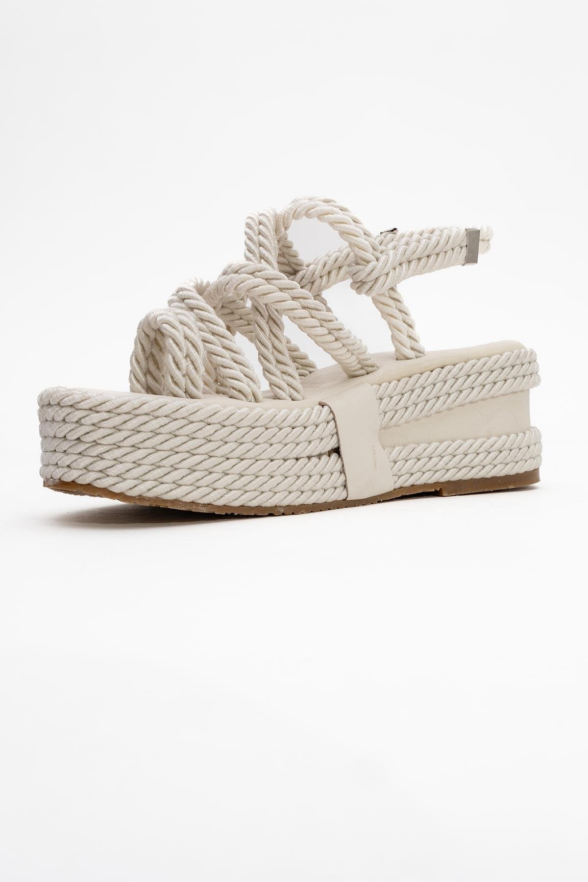 Juney - Beige Genuine Leather Lace-Up Wedge Sandal – heel view showing lace, leather, Vowalisse