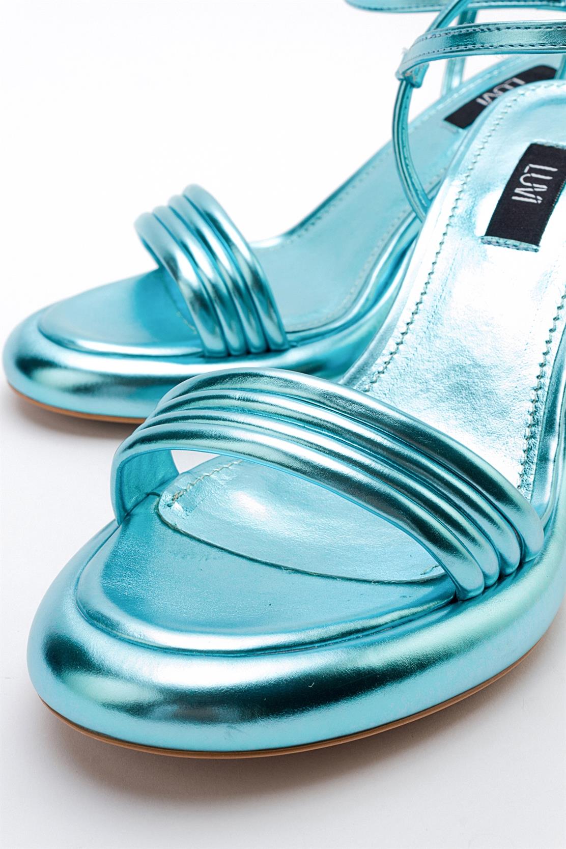 Posse - Baby Blue Metallic Heeled Shoe – back view showing leather, metallic, blue, Vowalisse